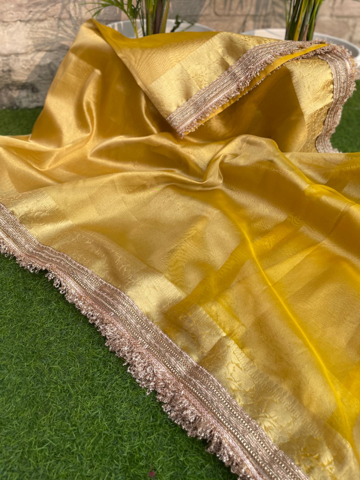 New Yellow Color Banarasi Tissue Silk Jacquard n Lace Work Fancy Designer Partywear Saree