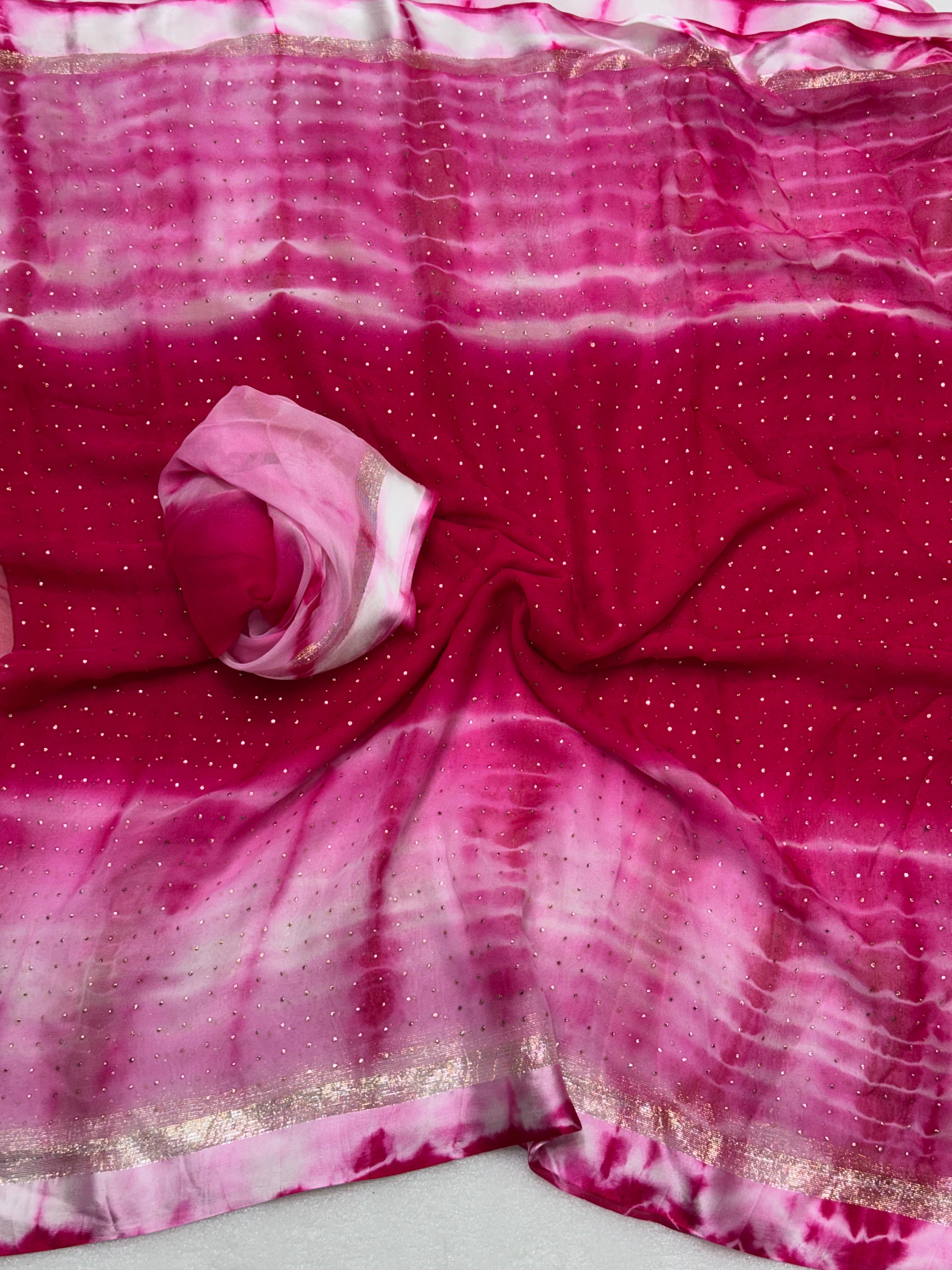 Wedding Wear Shibori Print n Mukesh Work Pure Viscose Satin Designer Saree With Blouse