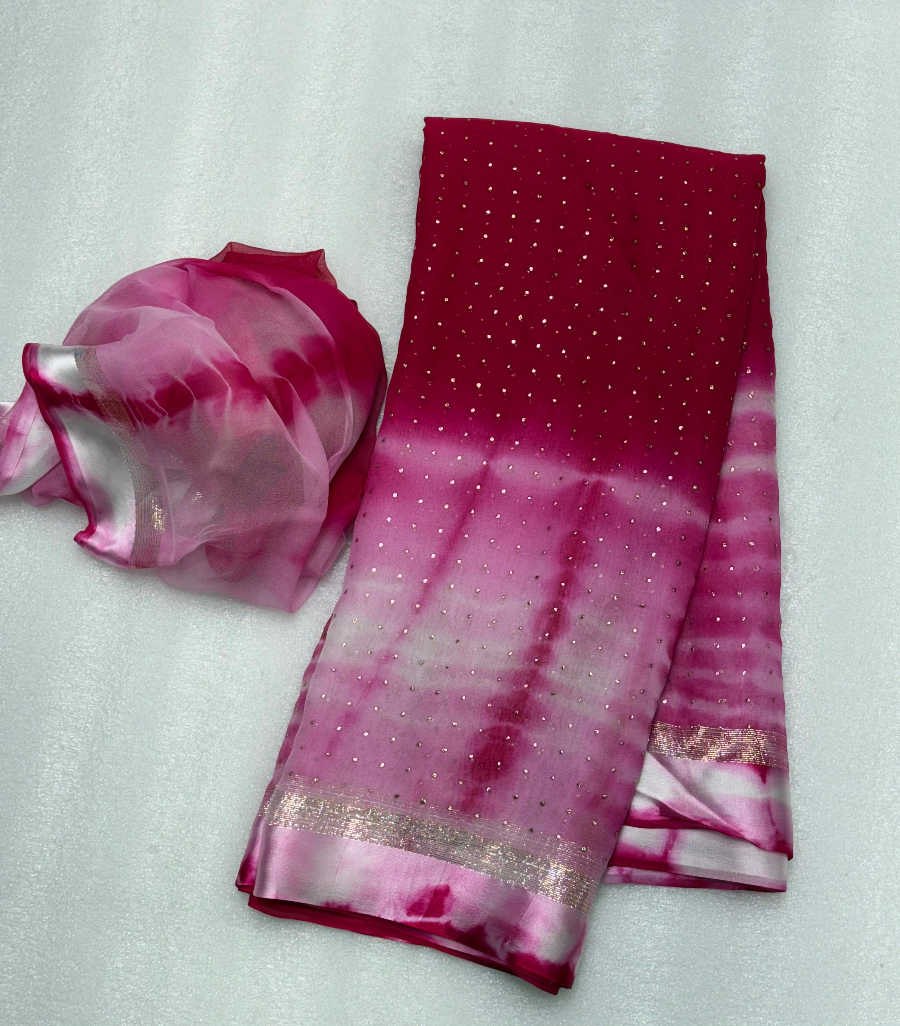Wedding Wear Shibori Print n Mukesh Work Pure Viscose Satin Designer Saree With Blouse