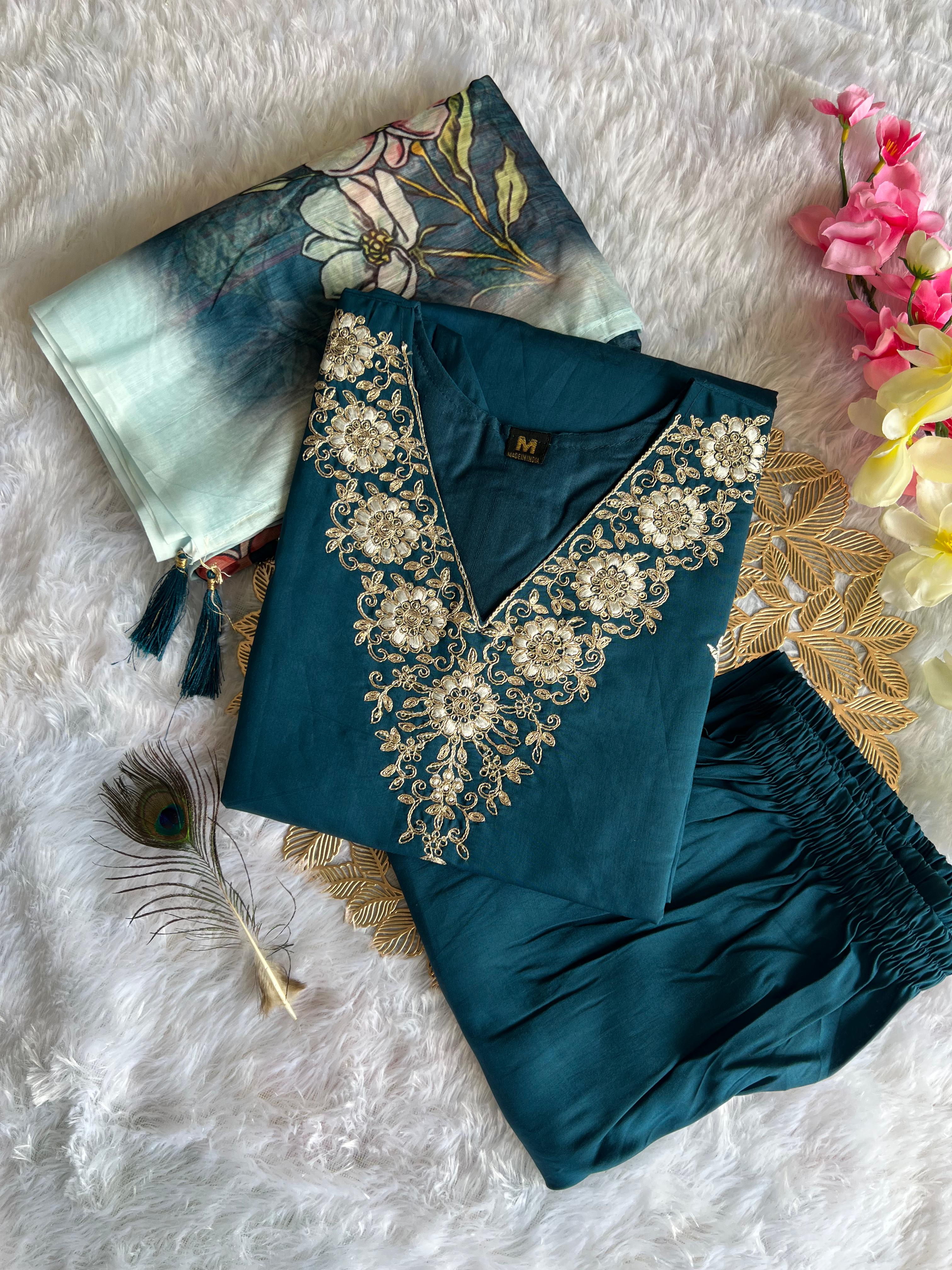 New Wedding Wear Teal Blue Color Roman Silk Embroidery n Sequence Work Designer Straight Kurta With Trouser n Dupatta Set