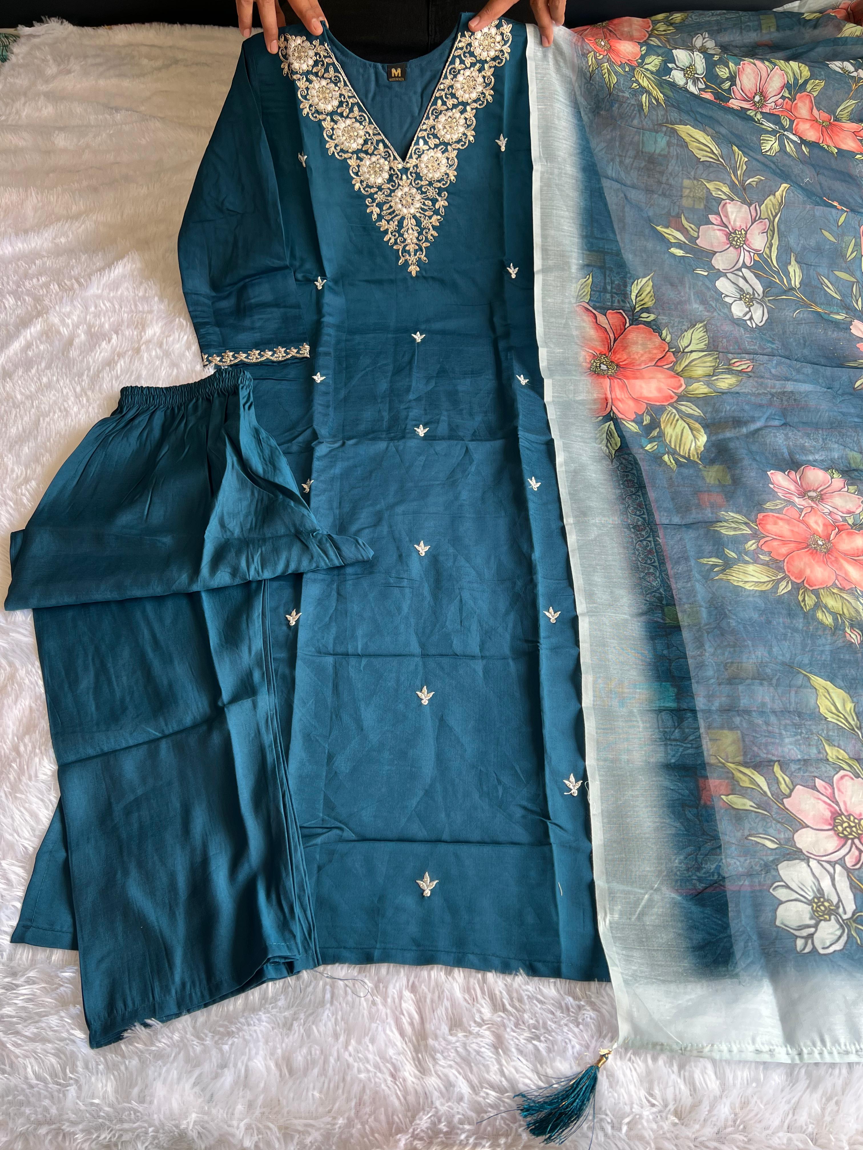 New Wedding Wear Teal Blue Color Roman Silk Embroidery n Sequence Work Designer Straight Kurta With Trouser n Dupatta Set