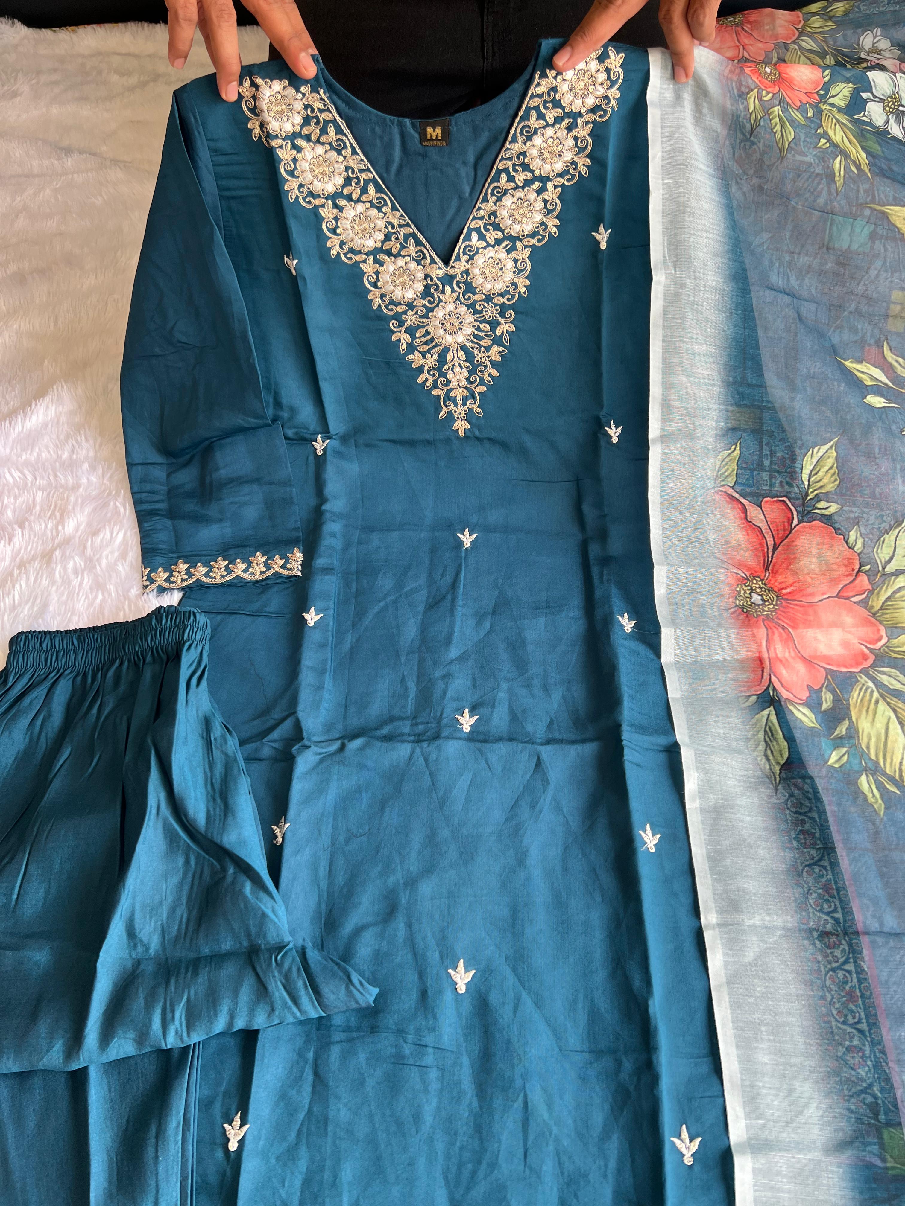 New Wedding Wear Teal Blue Color Roman Silk Embroidery n Sequence Work Designer Straight Kurta With Trouser n Dupatta Set