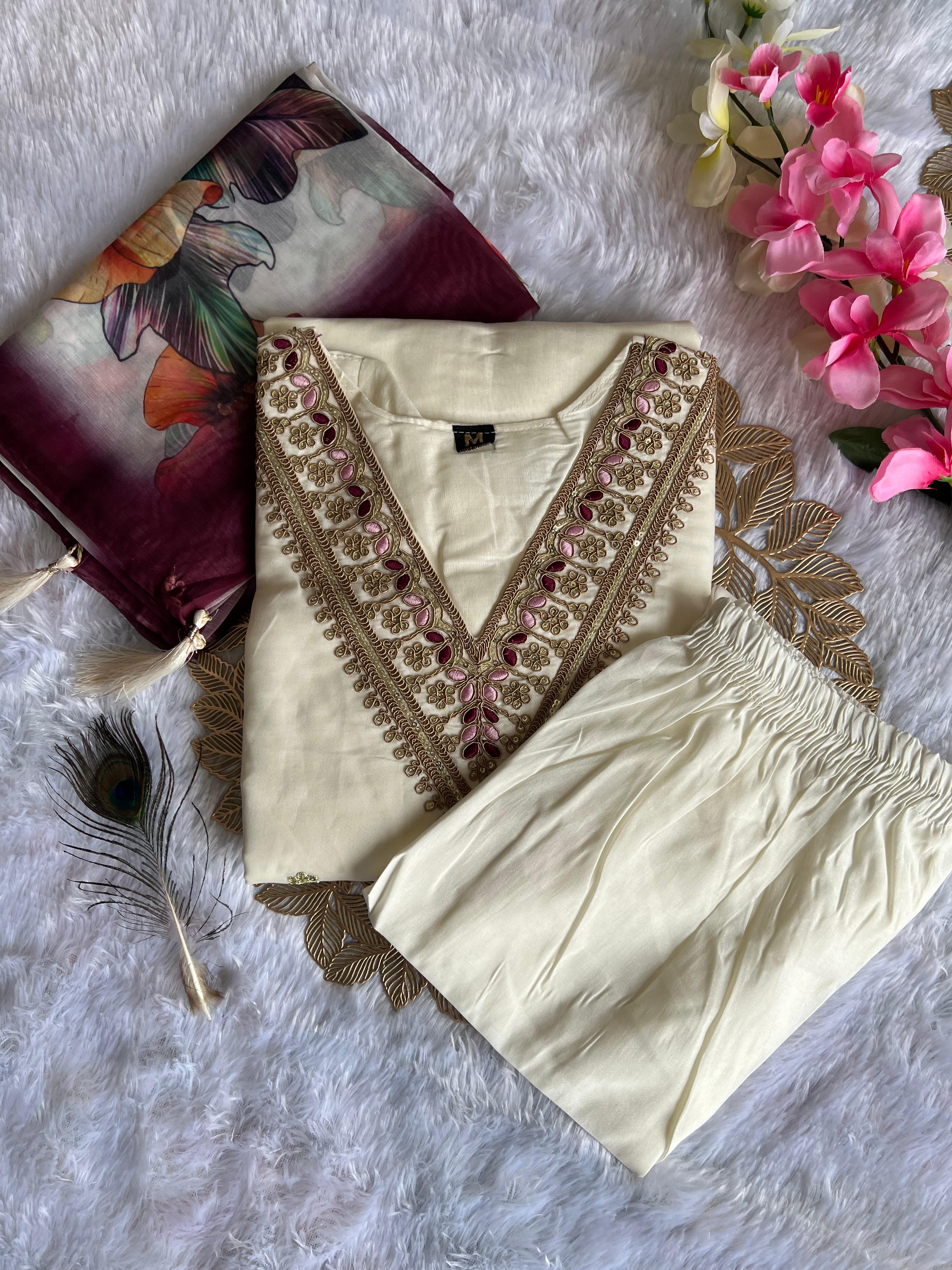 New Wedding Wear White Color Roman Silk Embroidery n Sequence Work Designer Straight Kurta With Trouser n Dupatta Set