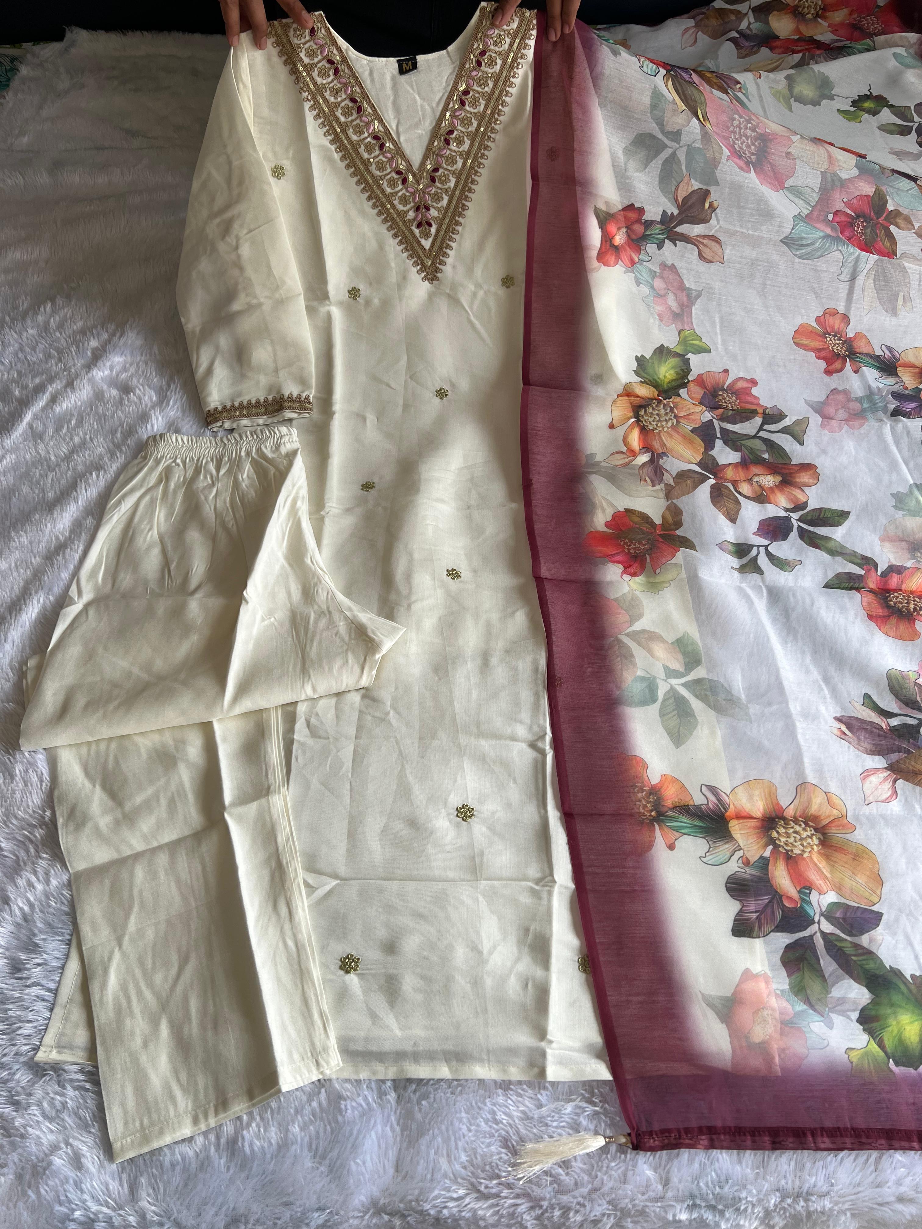 New Wedding Wear White Color Roman Silk Embroidery n Sequence Work Designer Straight Kurta With Trouser n Dupatta Set