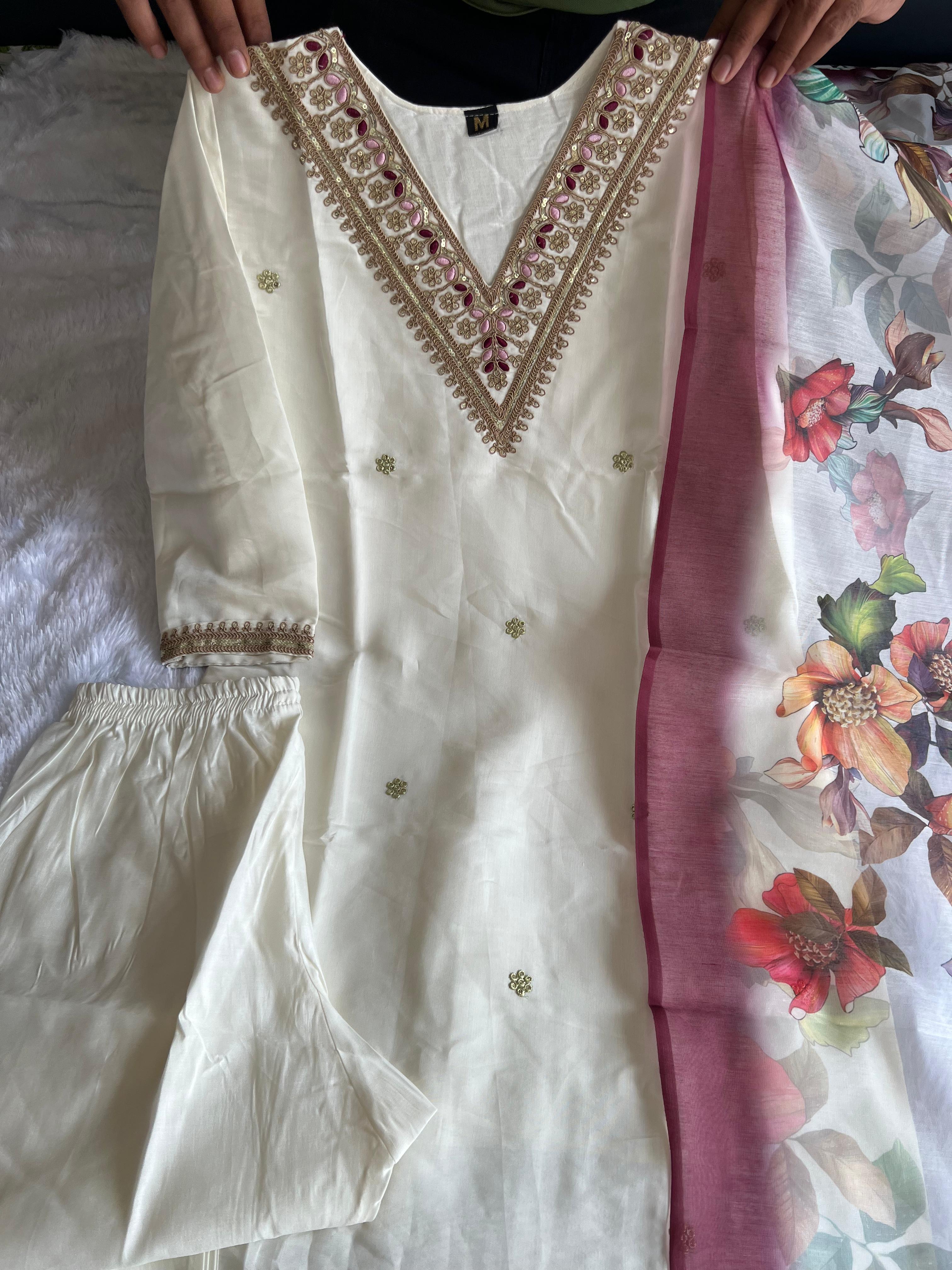 New Wedding Wear White Color Roman Silk Embroidery n Sequence Work Designer Straight Kurta With Trouser n Dupatta Set