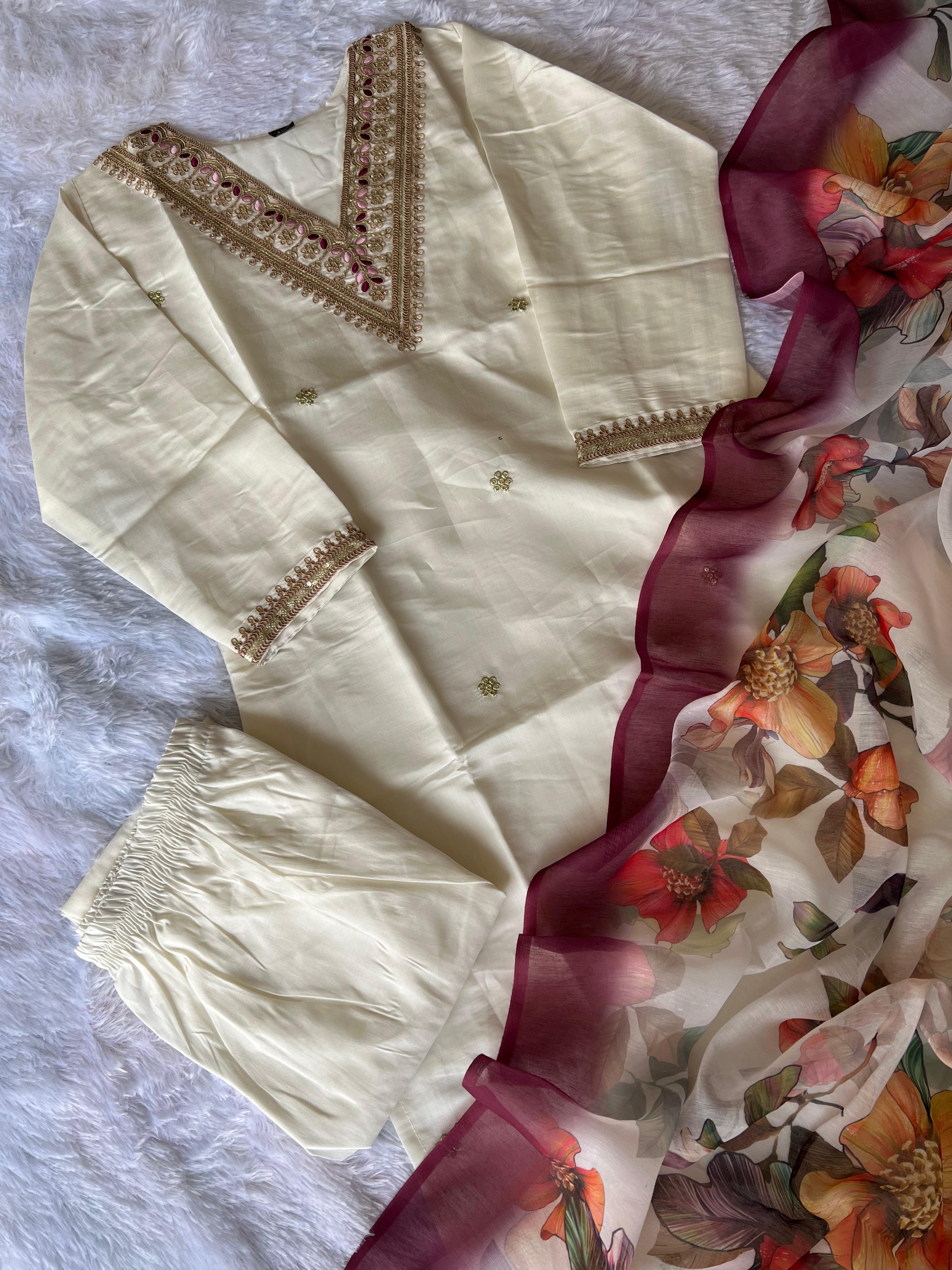 New Wedding Wear White Color Roman Silk Embroidery n Sequence Work Designer Straight Kurta With Trouser n Dupatta Set