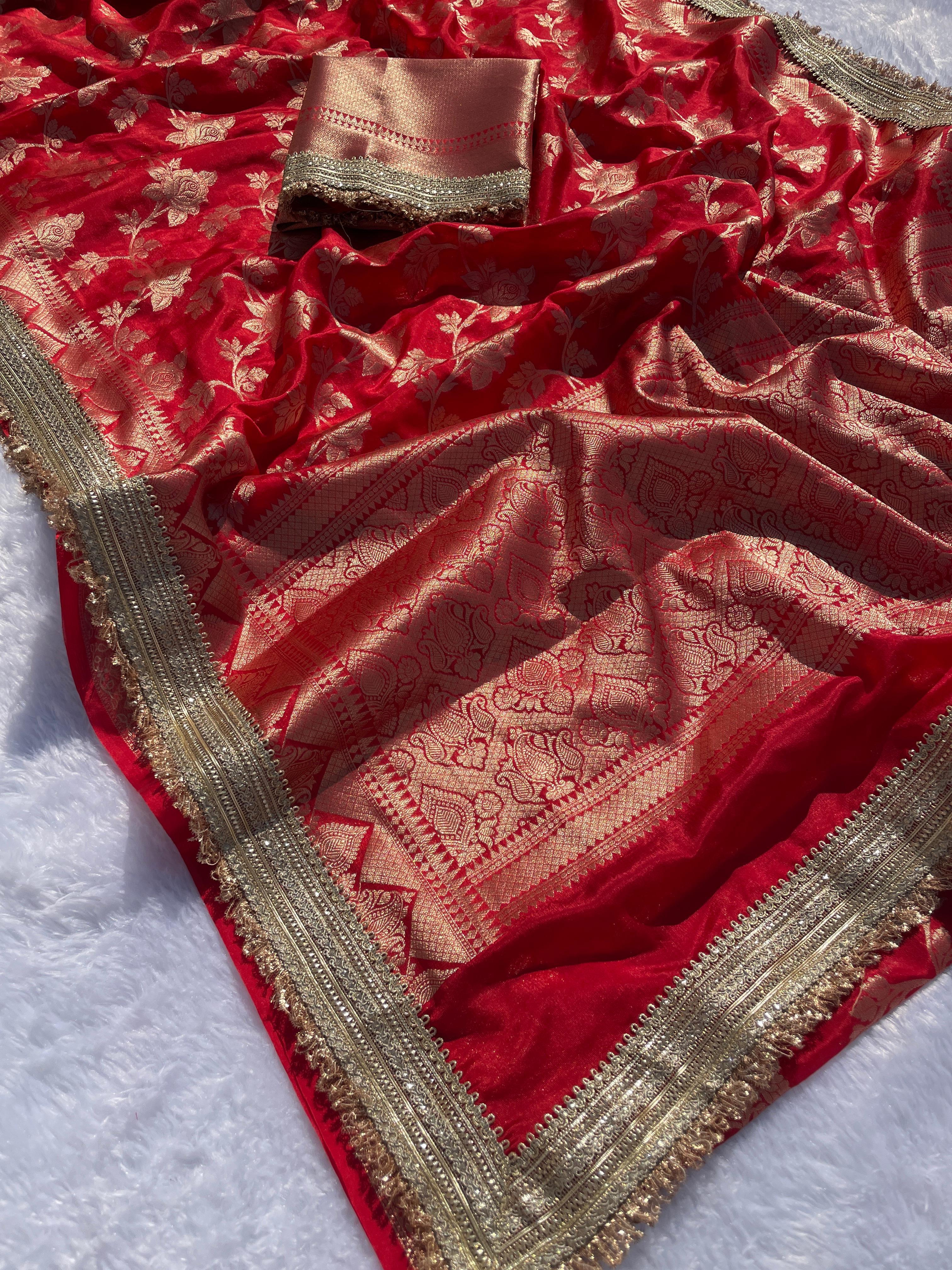 New Wedding Wear Red Color Soft Banarasi Silk Jacquared Zari Weaving With Lace Border Work Fancy Designer Saree