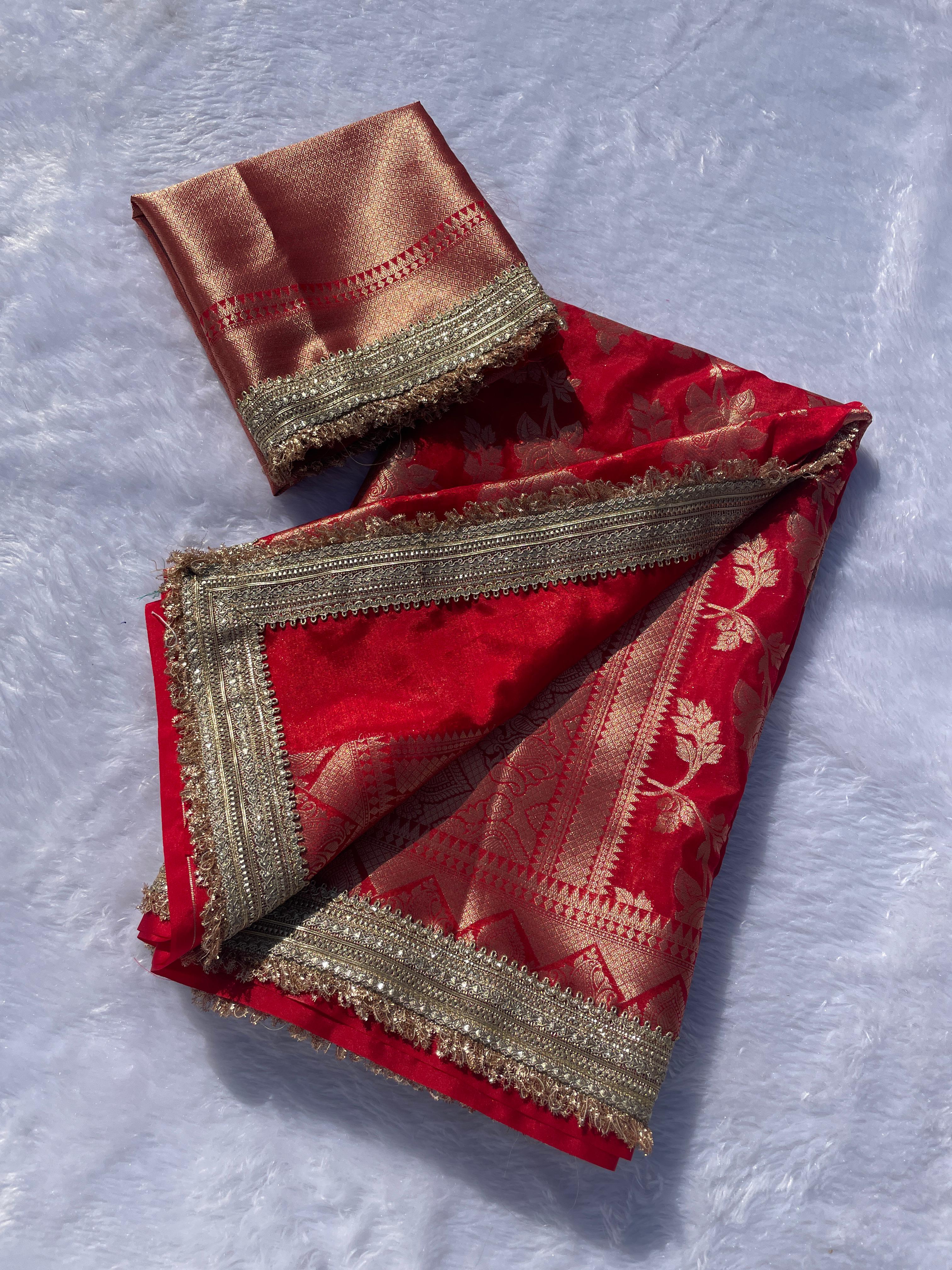 New Wedding Wear Red Color Soft Banarasi Silk Jacquared Zari Weaving With Lace Border Work Fancy Designer Saree