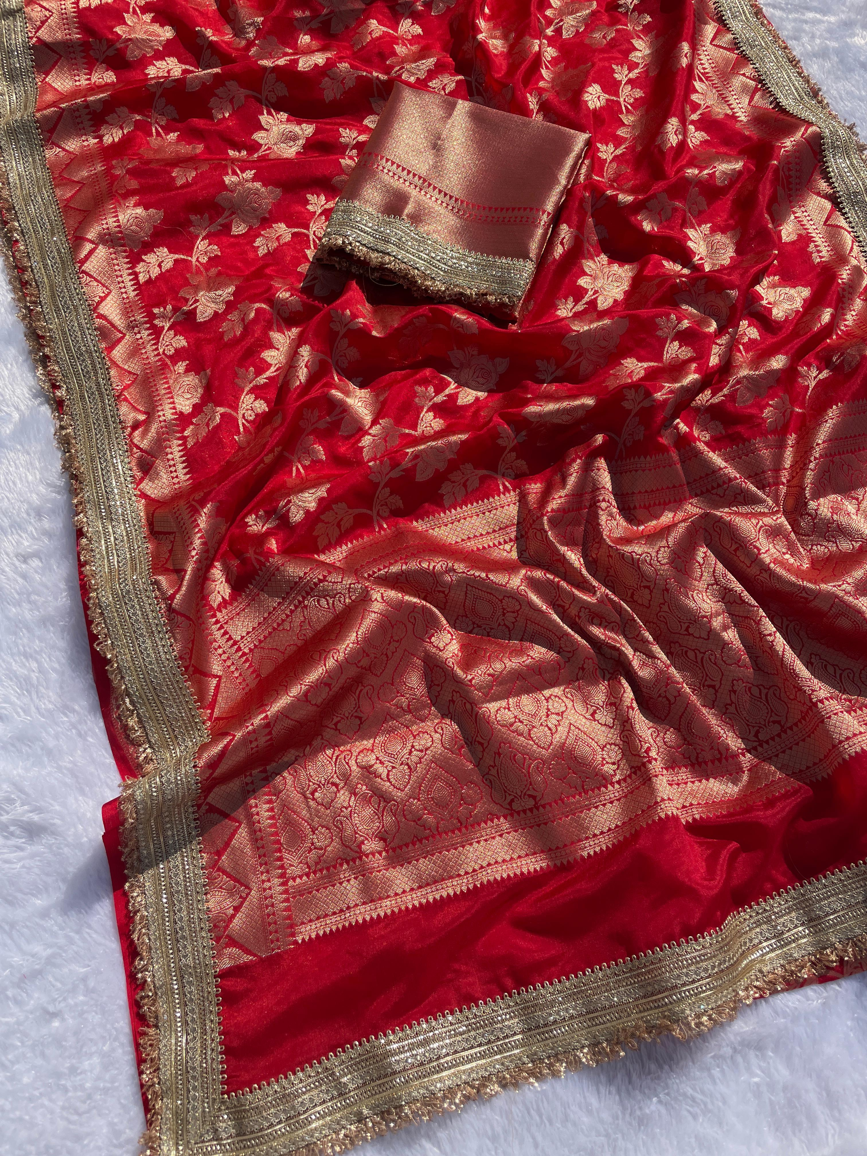 New Wedding Wear Red Color Soft Banarasi Silk Jacquared Zari Weaving With Lace Border Work Fancy Designer Saree