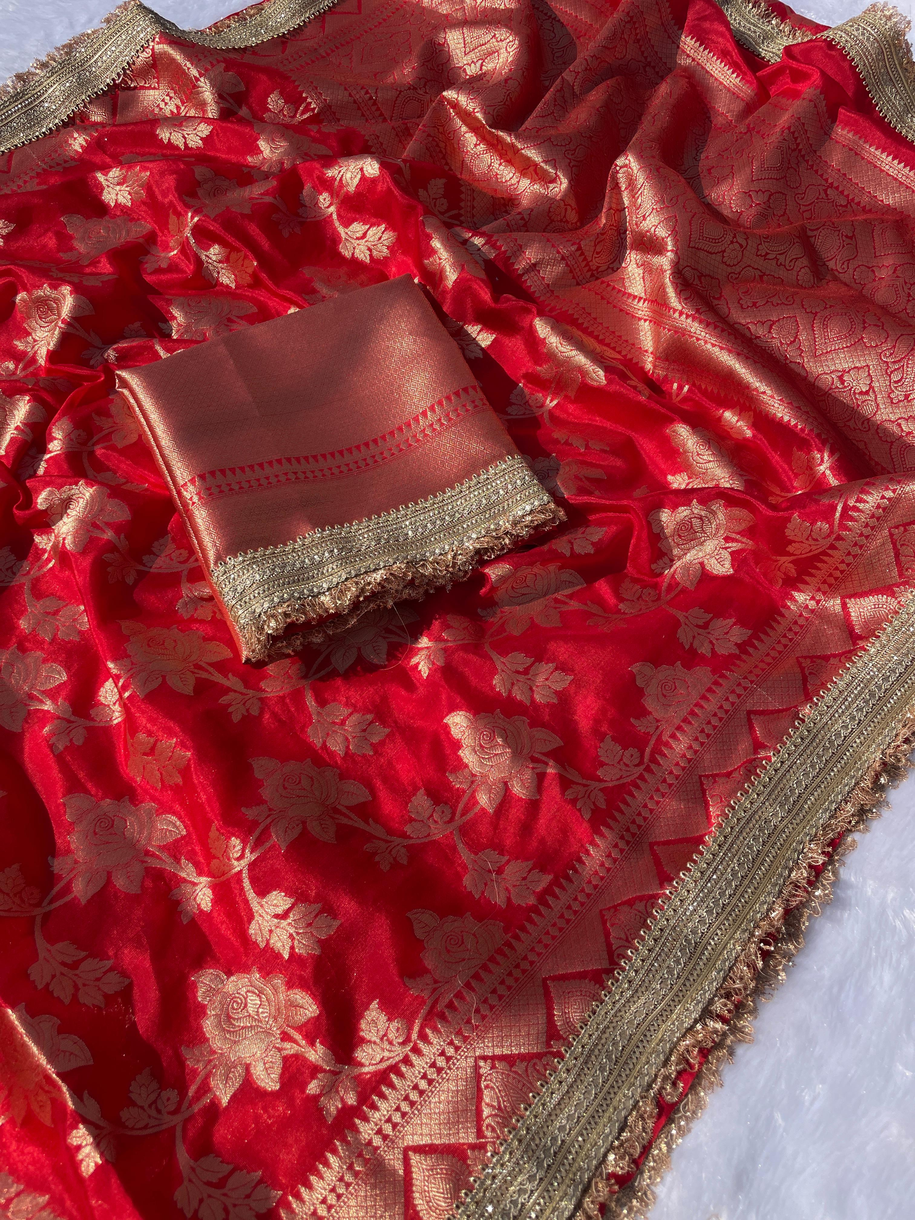 New Wedding Wear Red Color Soft Banarasi Silk Jacquared Zari Weaving With Lace Border Work Fancy Designer Saree