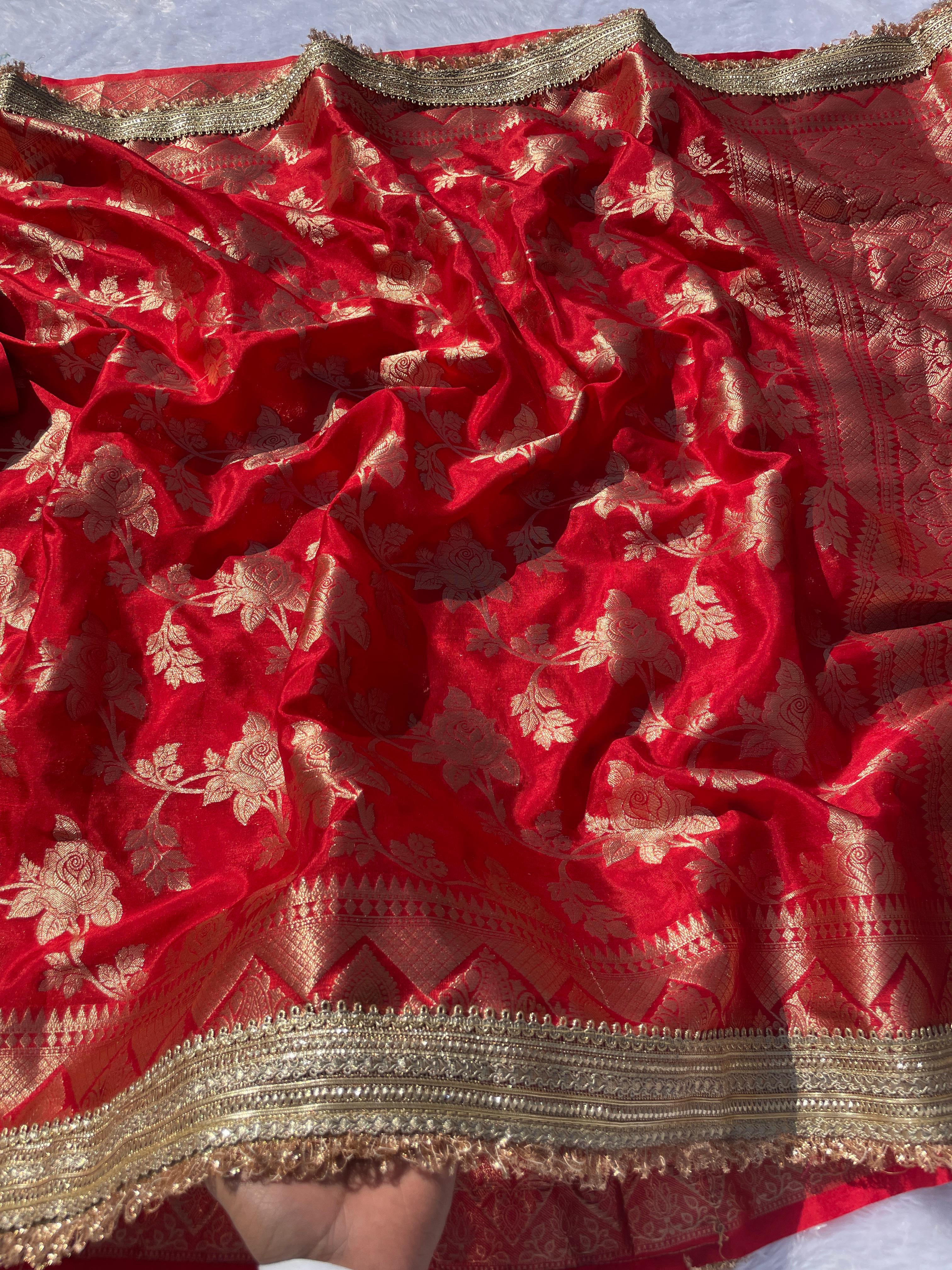 New Wedding Wear Red Color Soft Banarasi Silk Jacquared Zari Weaving With Lace Border Work Fancy Designer Saree