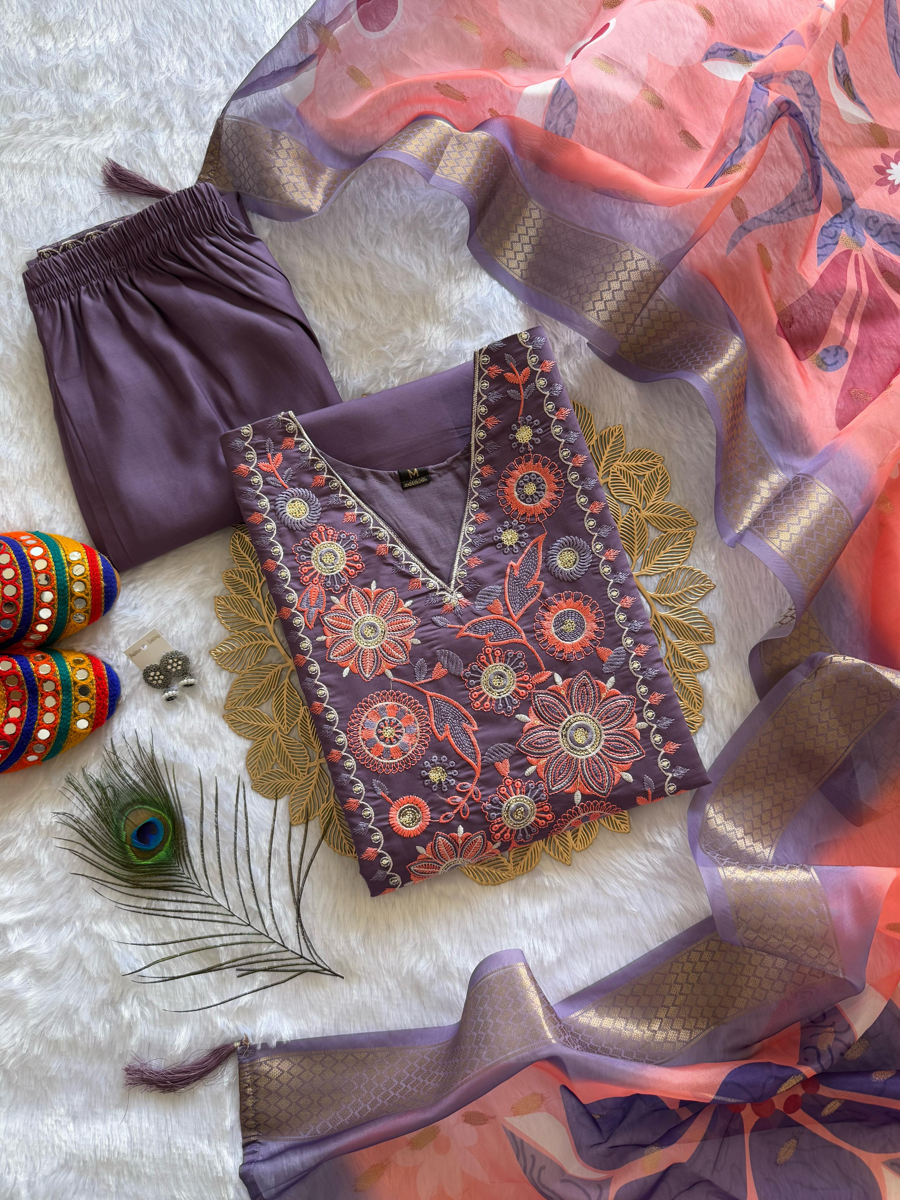 New Wedding Wear Violet Color Roman Silk Embroidery n Sequence Work Designer Straight Kurta With Trouser n Dupatta Set