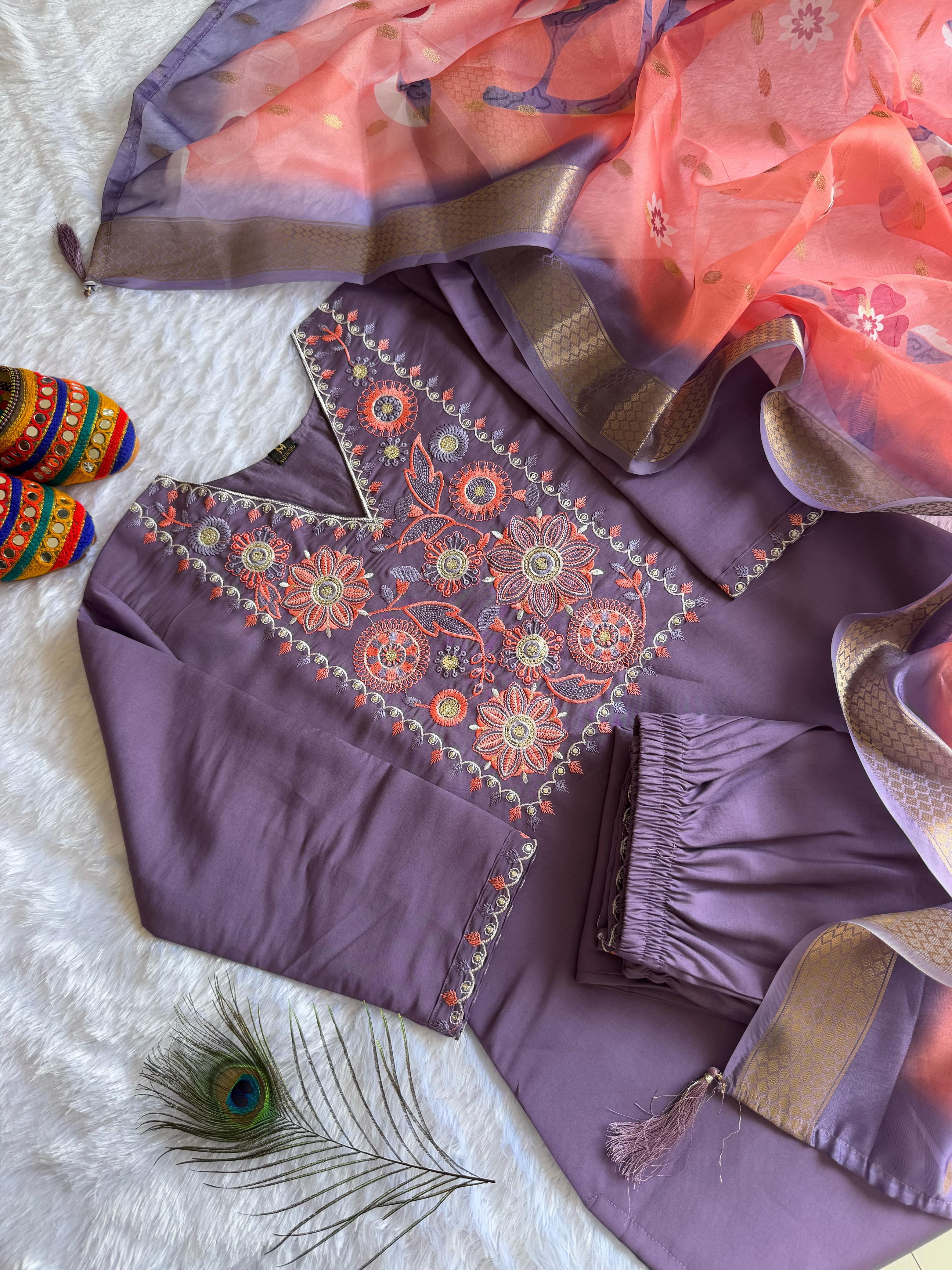 New Wedding Wear Violet Color Roman Silk Embroidery n Sequence Work Designer Straight Kurta With Trouser n Dupatta Set