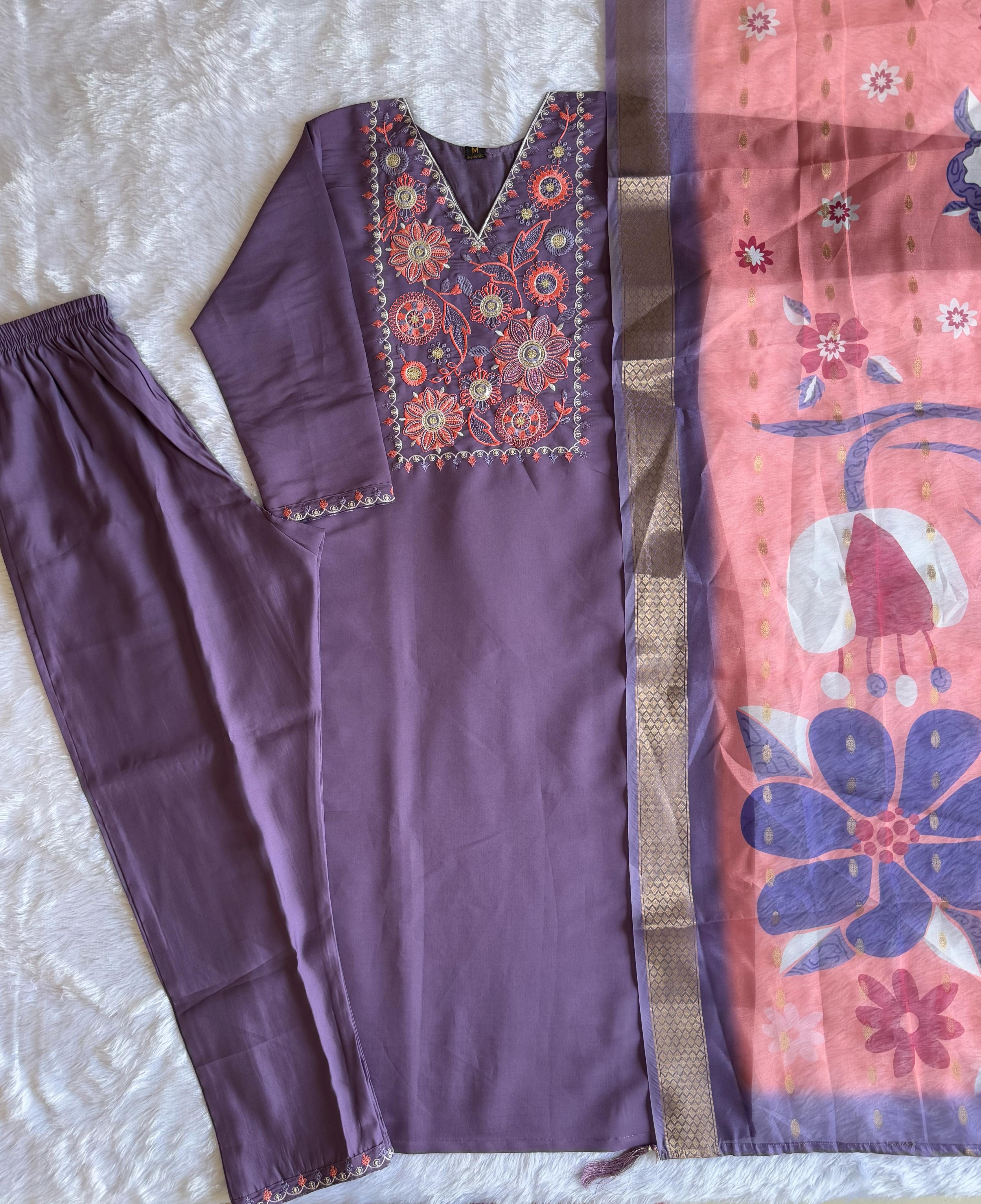 New Wedding Wear Violet Color Roman Silk Embroidery n Sequence Work Designer Straight Kurta With Trouser n Dupatta Set