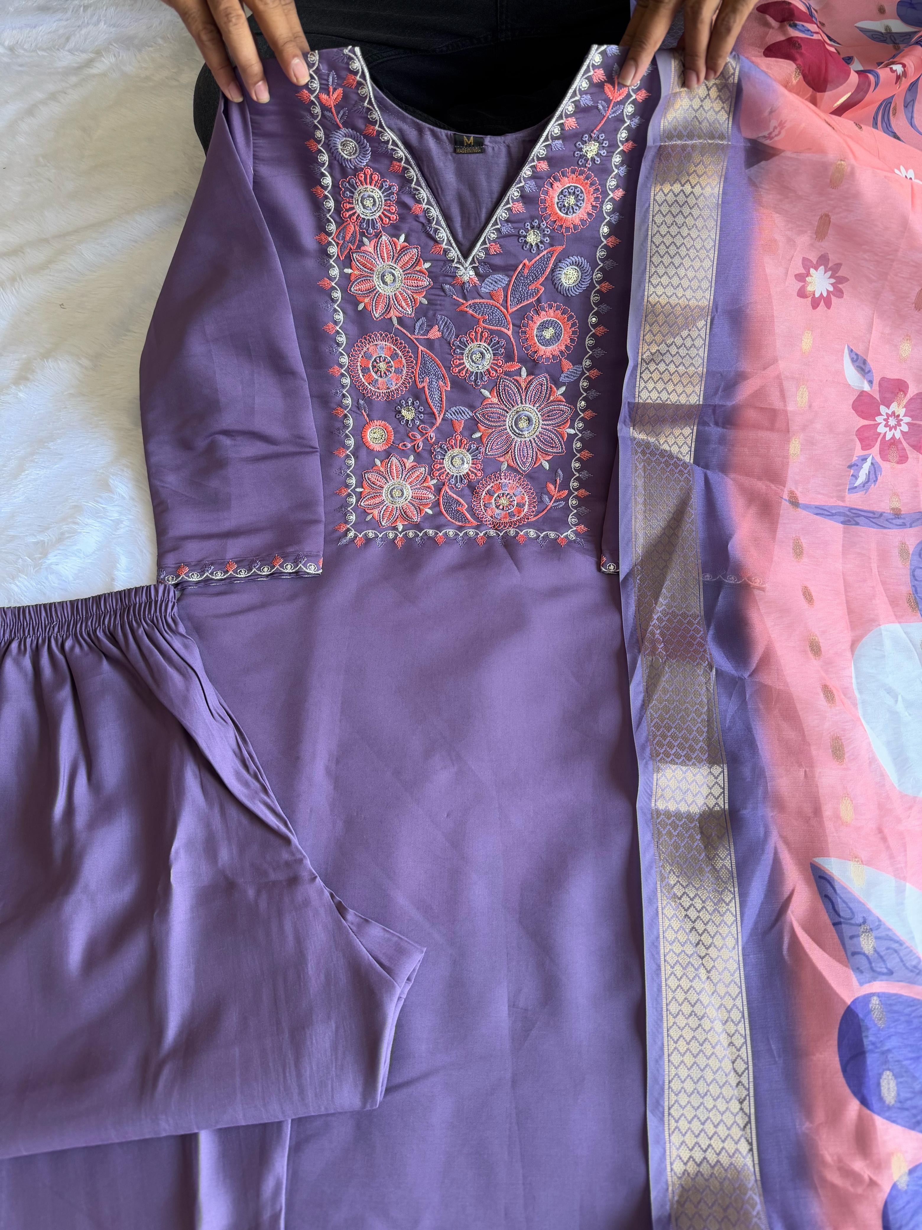 New Wedding Wear Violet Color Roman Silk Embroidery n Sequence Work Designer Straight Kurta With Trouser n Dupatta Set
