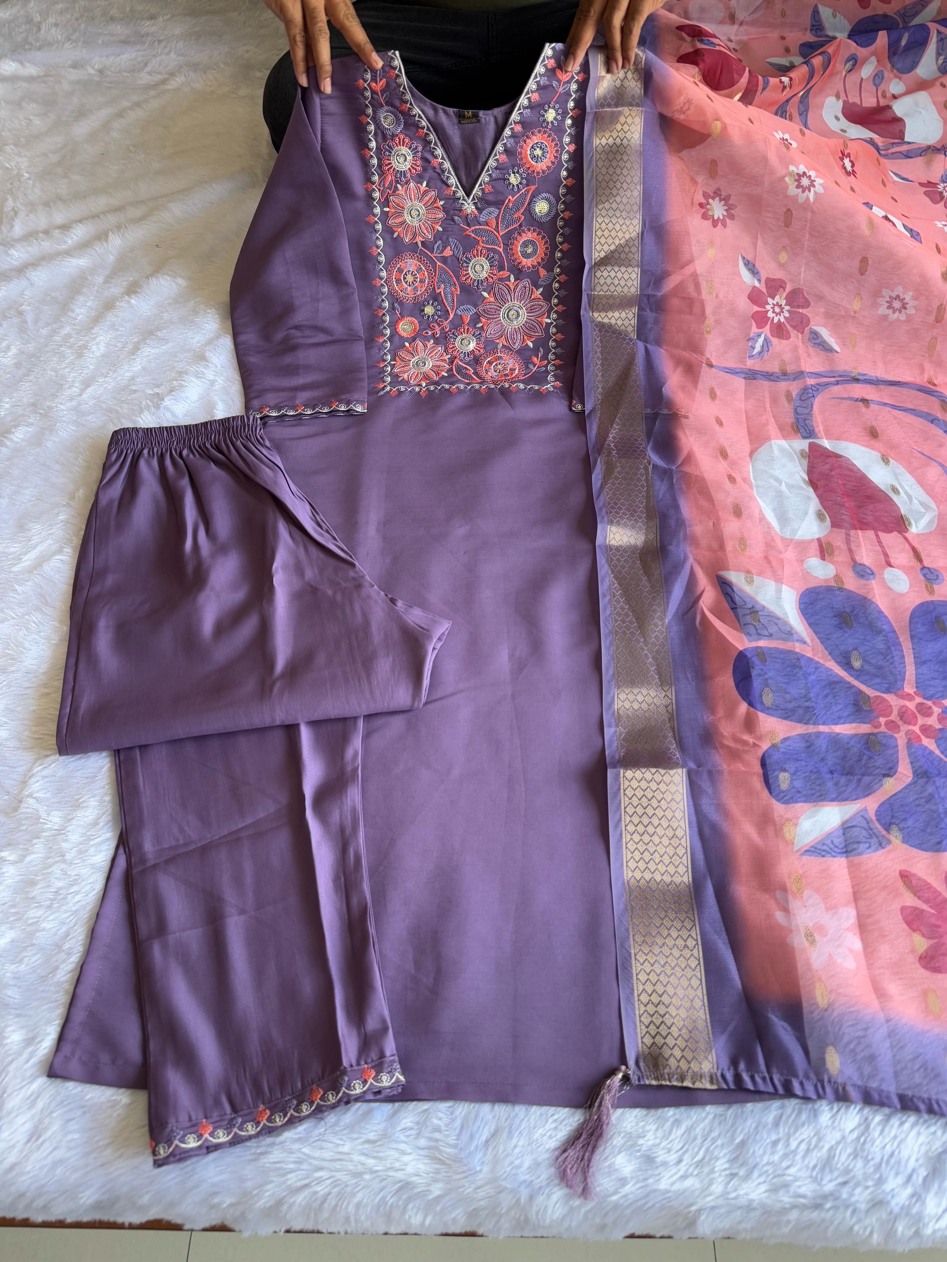 New Wedding Wear Violet Color Roman Silk Embroidery n Sequence Work Designer Straight Kurta With Trouser n Dupatta Set