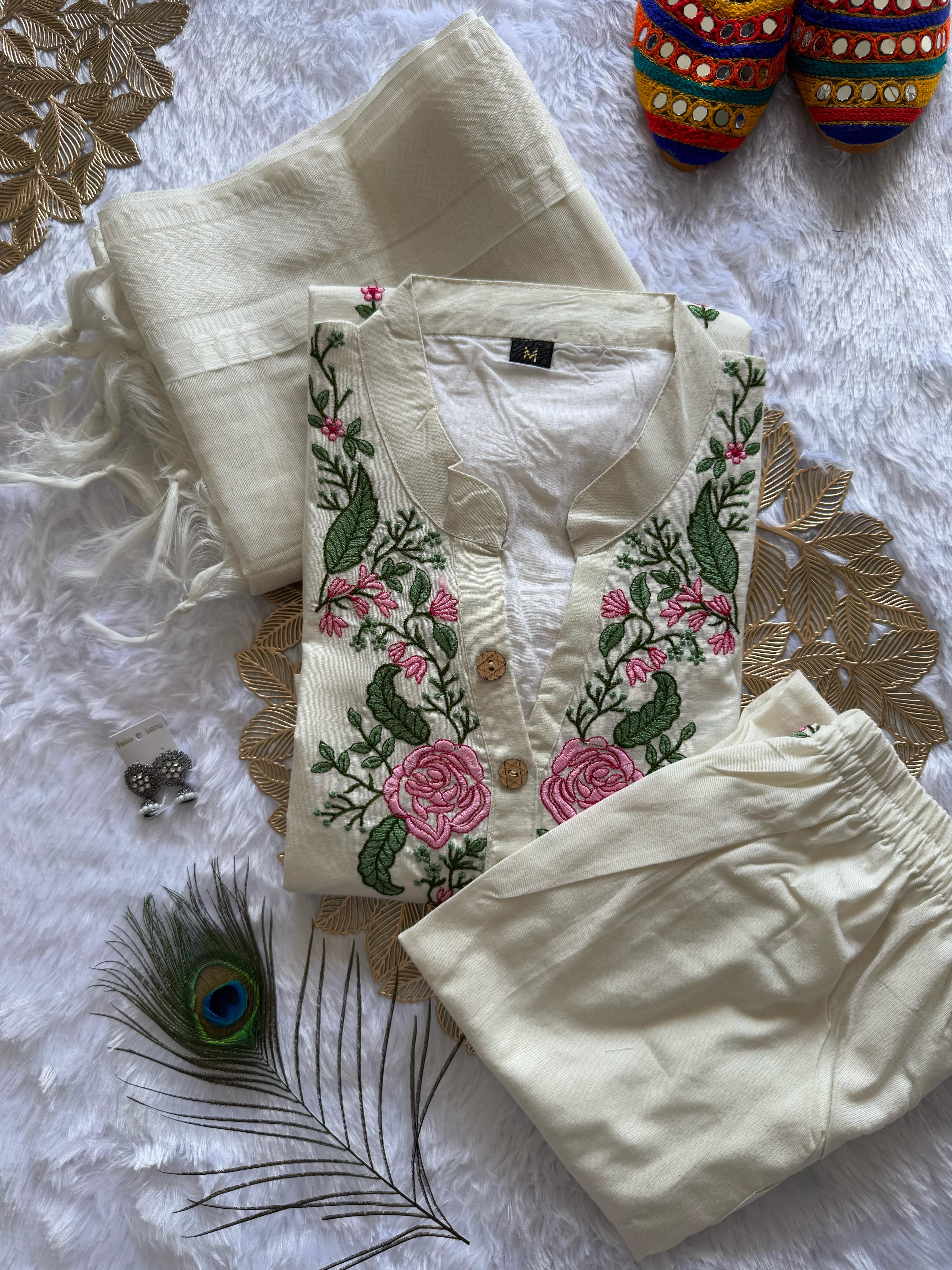 New Wedding Wear White Color Cotton Embroidery Work Designer Straight Kurta With Trouser n Dupatta Set