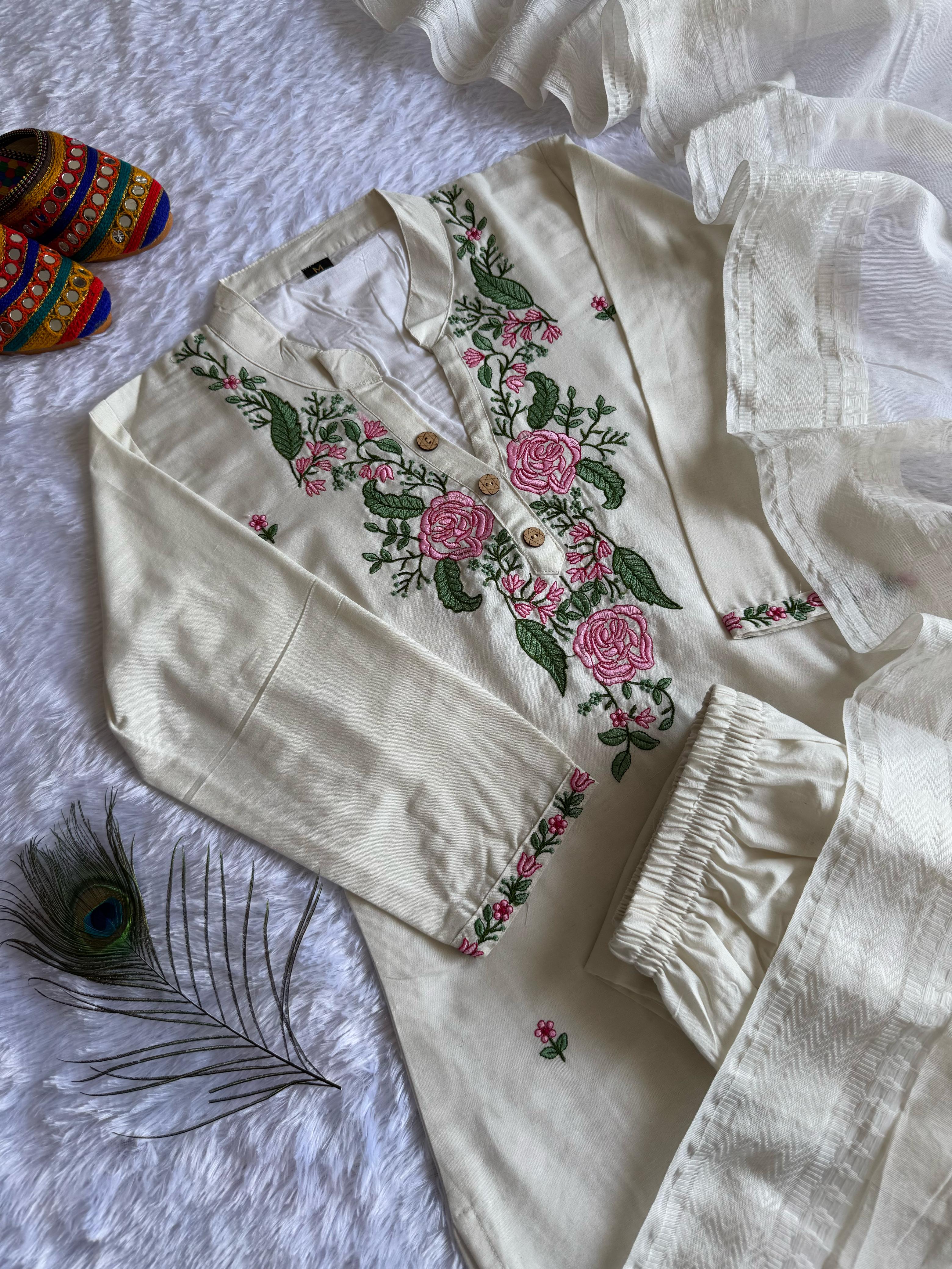 New Wedding Wear White Color Cotton Embroidery Work Designer Straight Kurta With Trouser n Dupatta Set