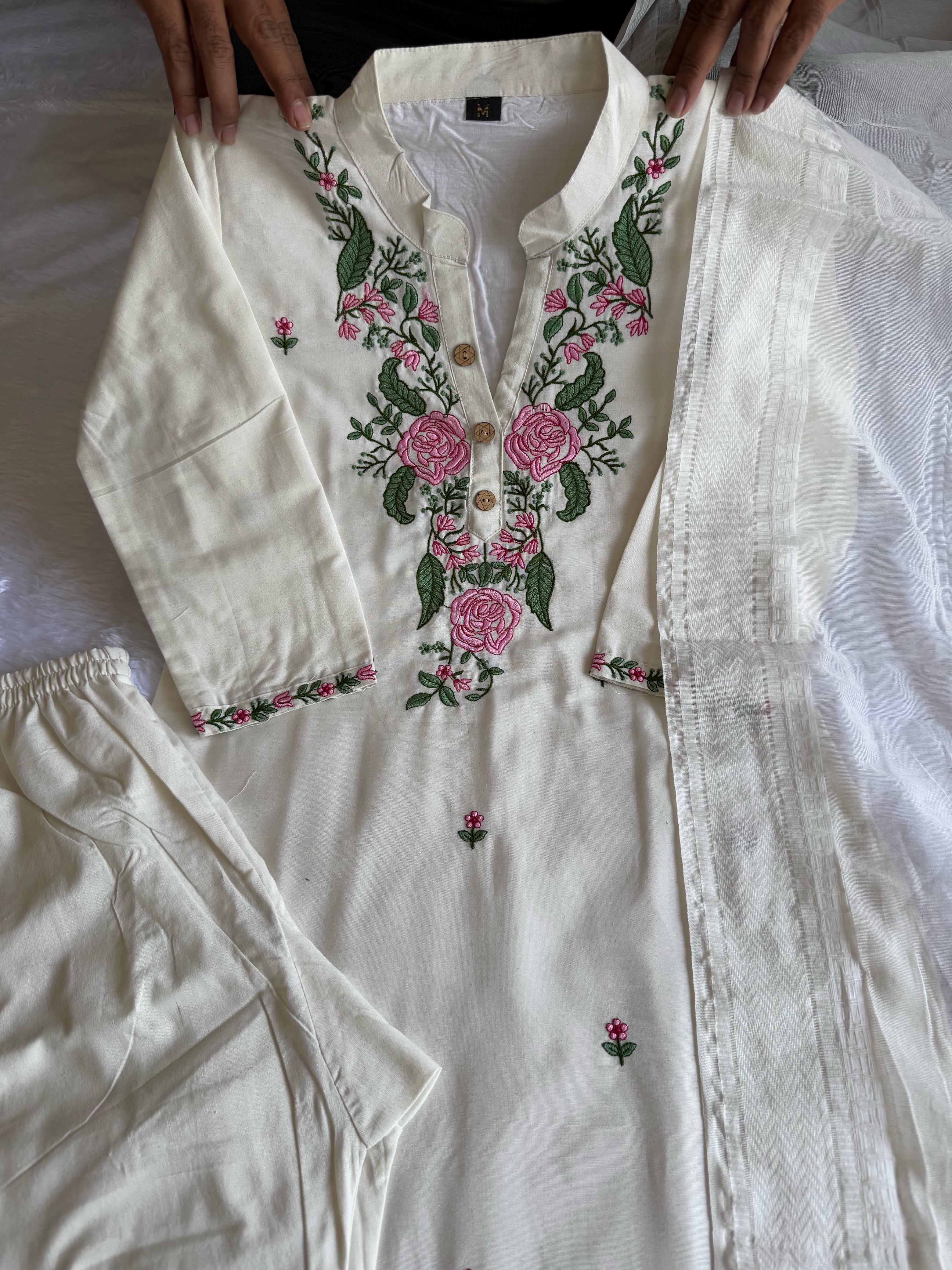 New Wedding Wear White Color Cotton Embroidery Work Designer Straight Kurta With Trouser n Dupatta Set