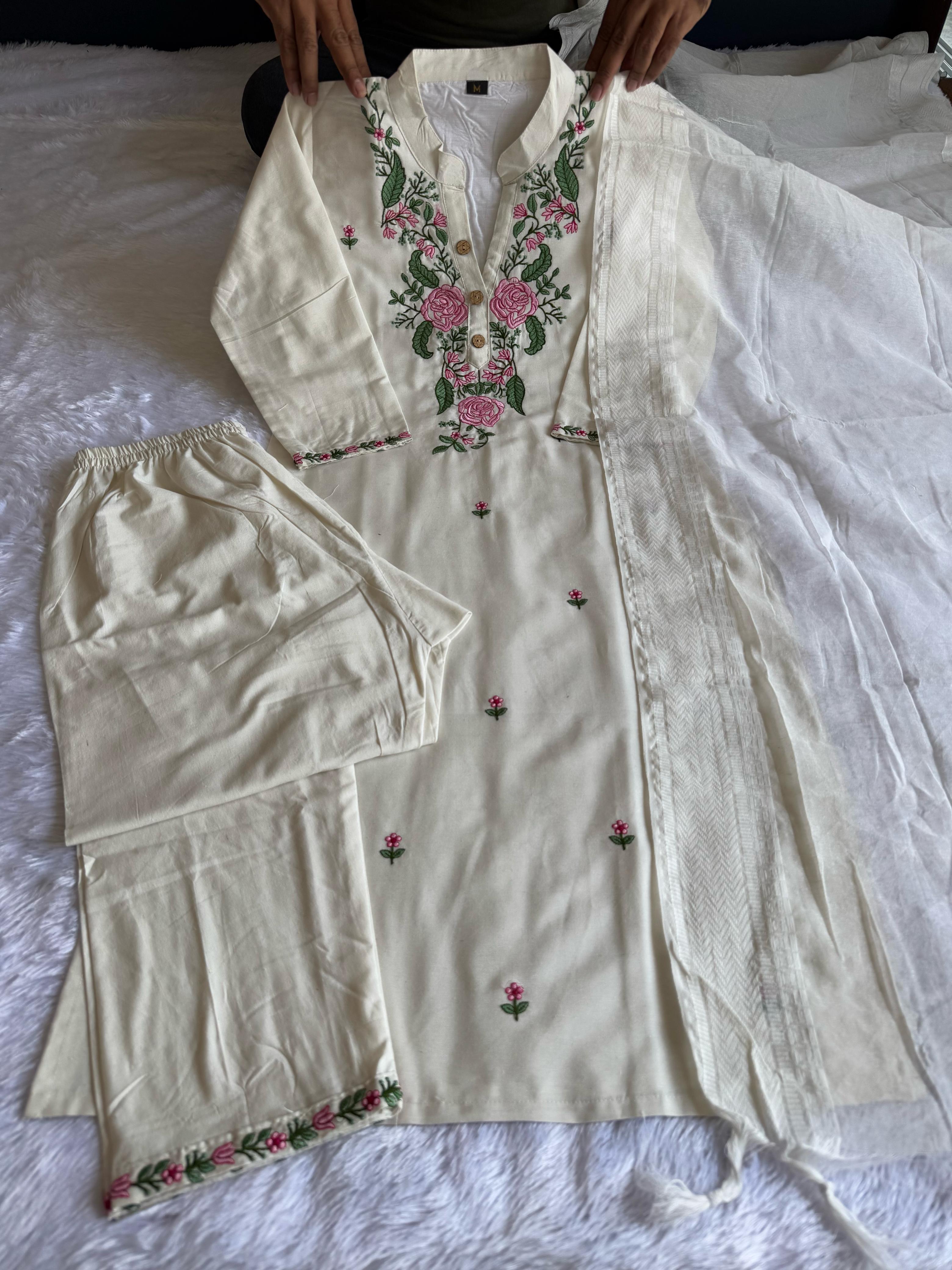 New Wedding Wear White Color Cotton Embroidery Work Designer Straight Kurta With Trouser n Dupatta Set