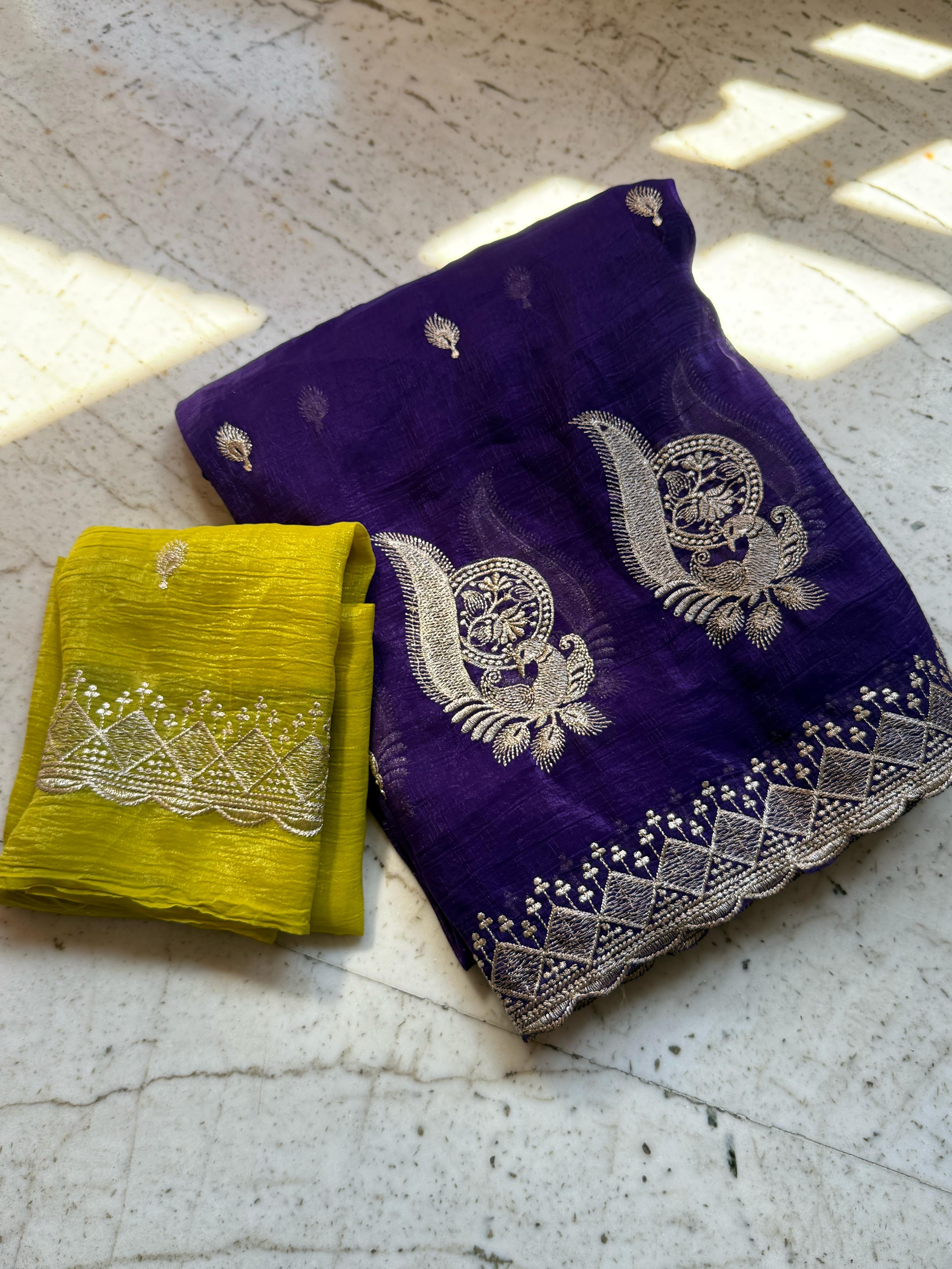 Latest Crunchy Chiffon Silk Embroidery n Cut Work Partywear Fancy Designer Saree With Blouse