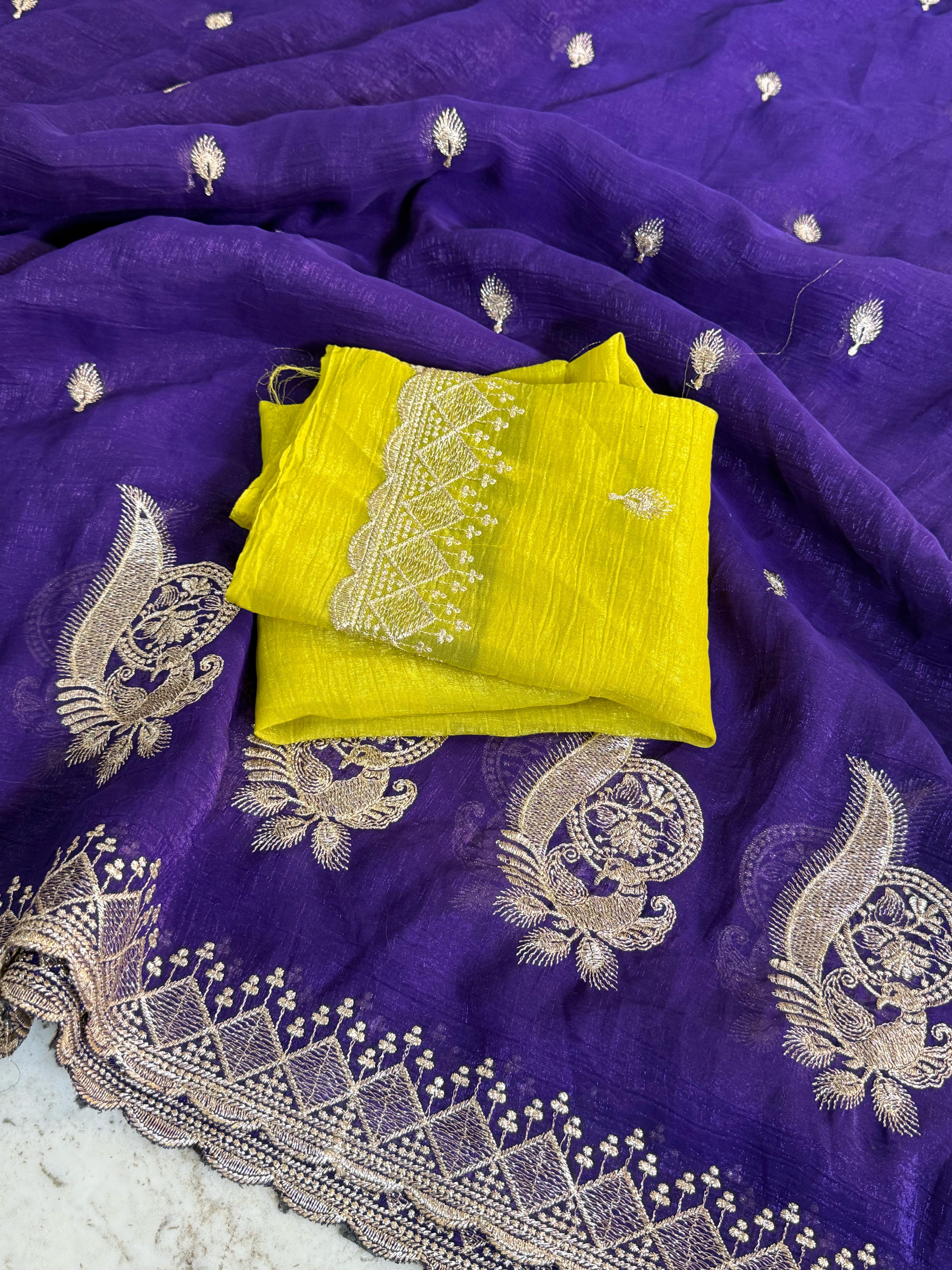 Latest Crunchy Chiffon Silk Embroidery n Cut Work Partywear Fancy Designer Saree With Blouse