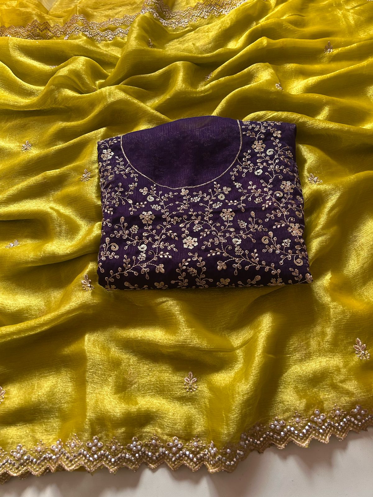 Yellow Crunchy Chiffon Silk With Beautiful Embroidery n Cut Work Partywear Fancy Designer Saree With Heavy Work Blouse