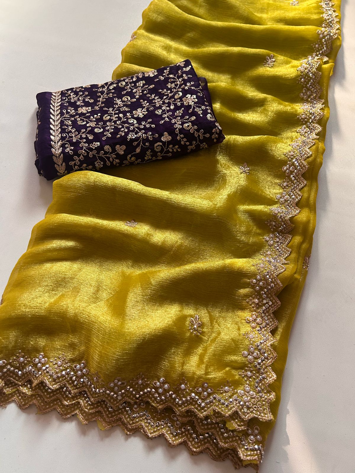 Yellow Crunchy Chiffon Silk With Beautiful Embroidery n Cut Work Partywear Fancy Designer Saree With Heavy Work Blouse