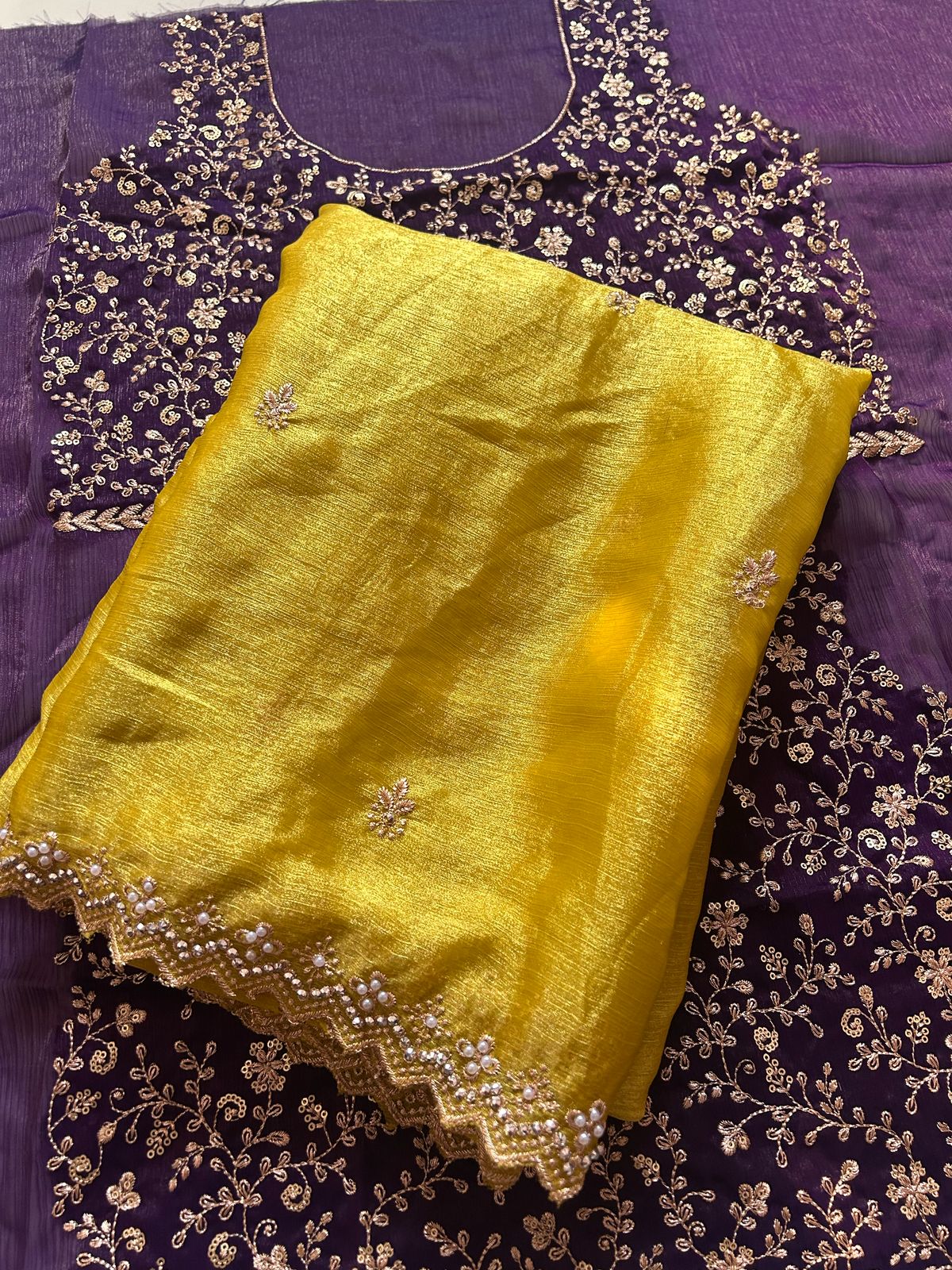 Yellow Crunchy Chiffon Silk With Beautiful Embroidery n Cut Work Partywear Fancy Designer Saree With Heavy Work Blouse