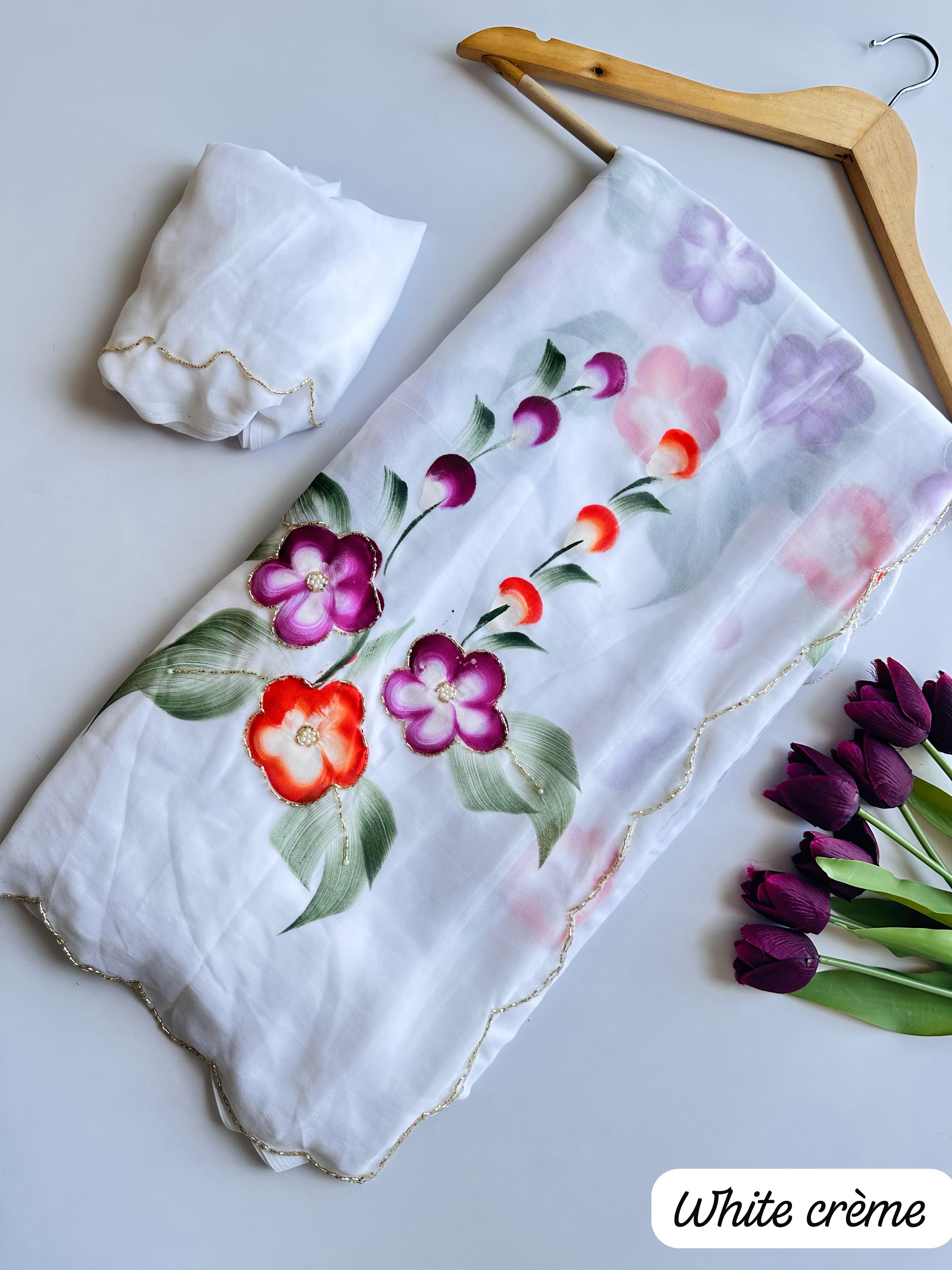 Faux Georgette Fancy Designer Hand Work n Hand Paint Work Fancy Designer Wedding Wear Saree With Blouse