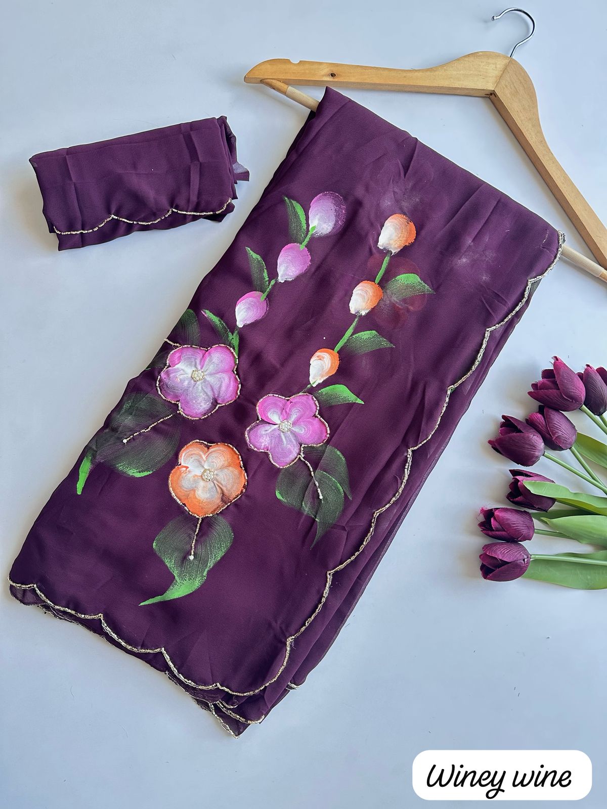 Faux Georgette Fancy Designer Hand Work n Hand Paint Work Fancy Designer Wedding Wear Saree With Blouse