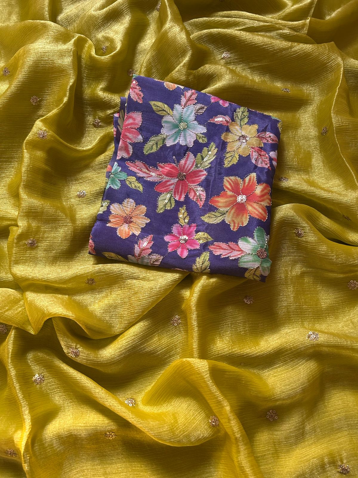 Fancy Partywear Mustard Color Chiffon Sequence Butti Work Designer Saree With Blouse