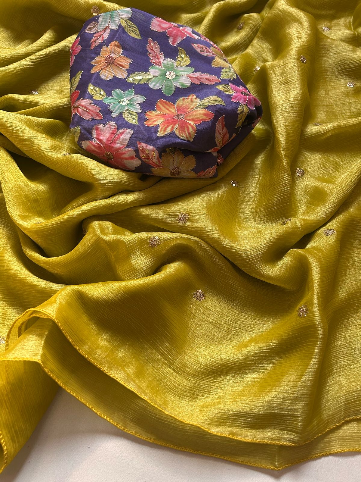 Fancy Partywear Mustard Color Chiffon Sequence Butti Work Designer Saree With Blouse