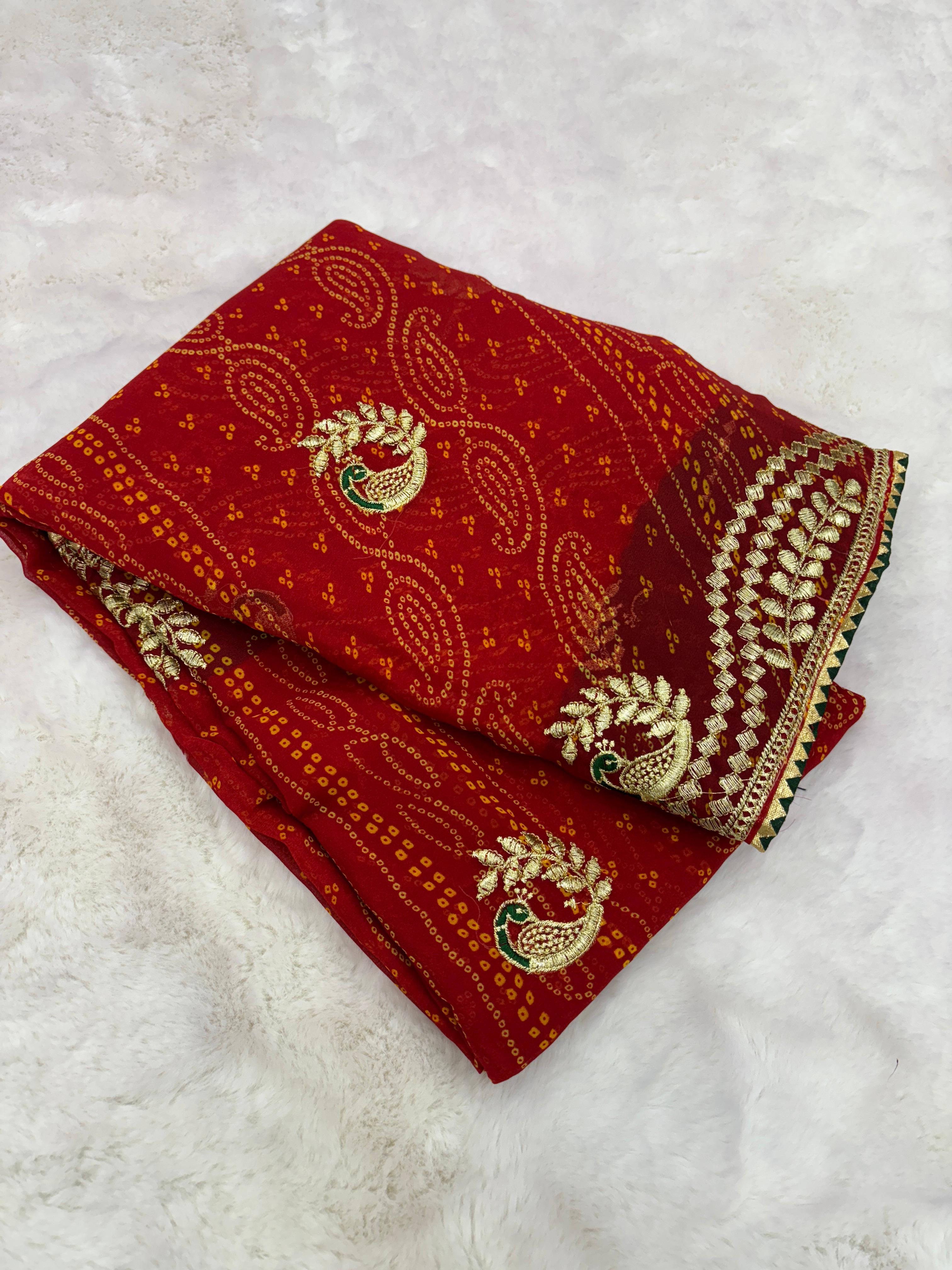 New Wedding Wear Red Color Georgette Bandhani Print With Embroidery Work Fancy Designer Saree