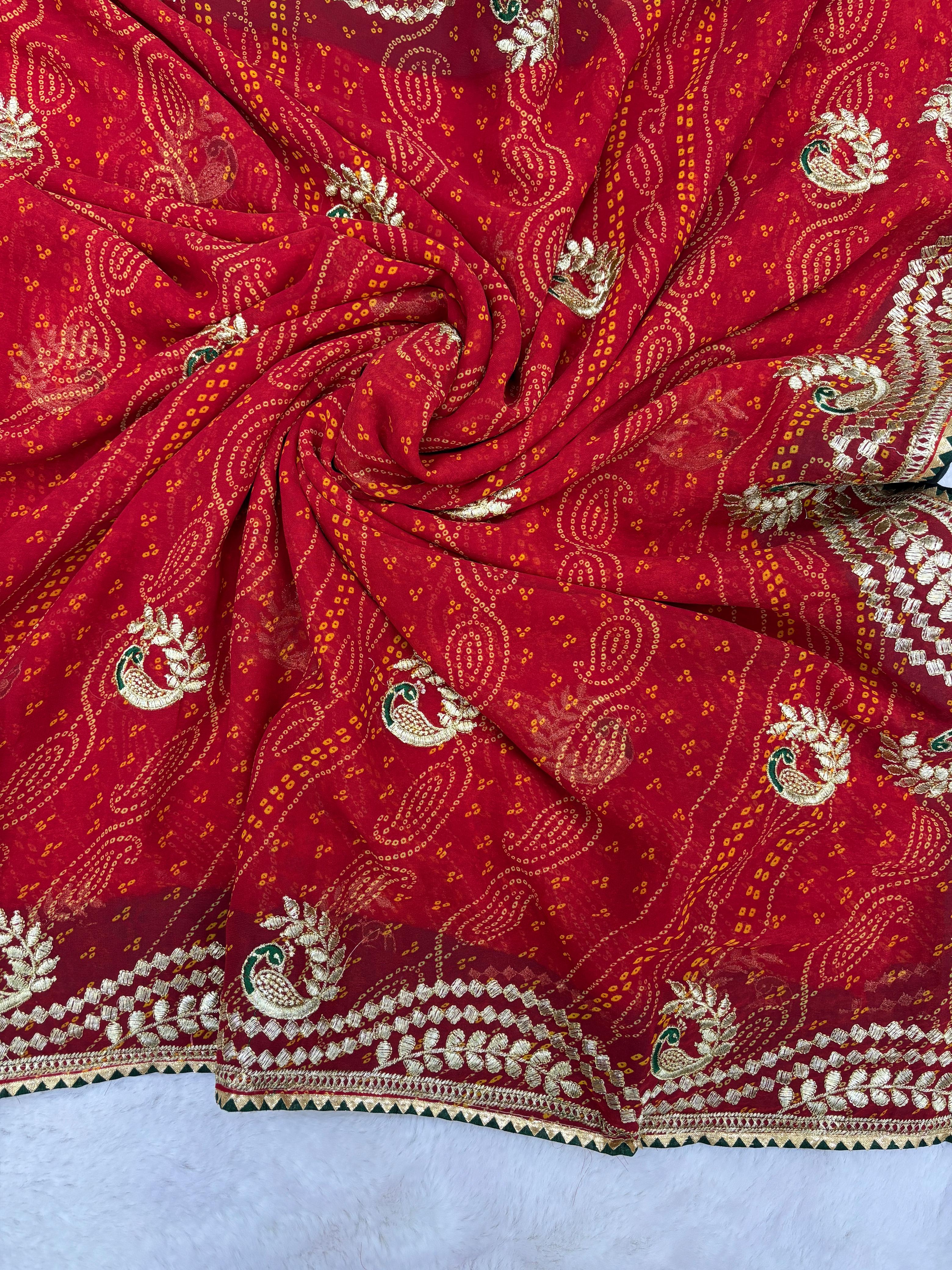 New Wedding Wear Red Color Georgette Bandhani Print With Embroidery Work Fancy Designer Saree