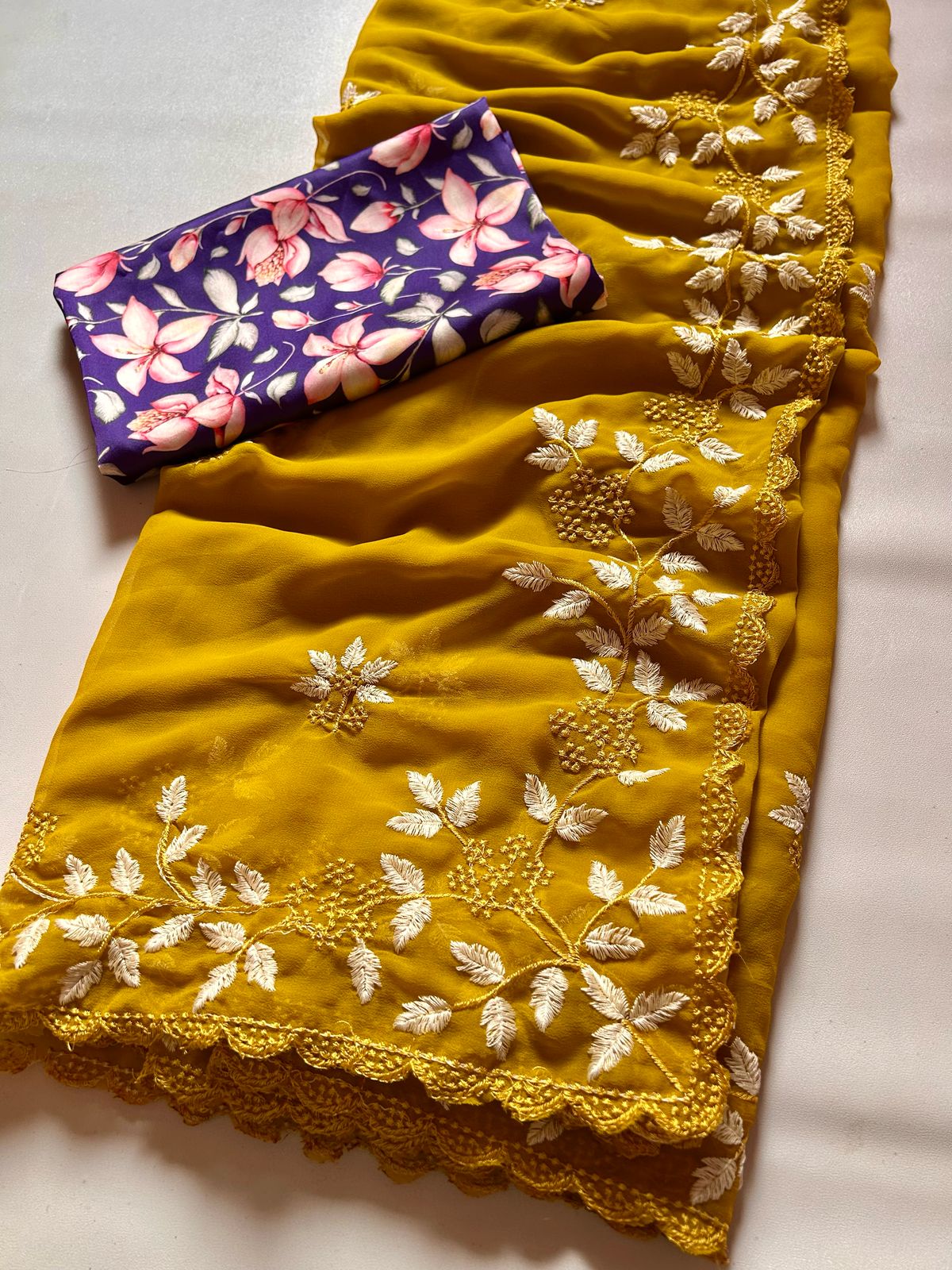 Partywear Georgette Mustard Color Embroidered Border Work Fancy Designer Saree With Blouse