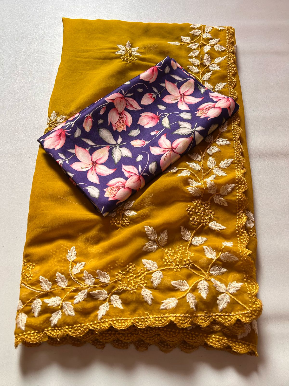 Partywear Georgette Mustard Color Embroidered Border Work Fancy Designer Saree With Blouse