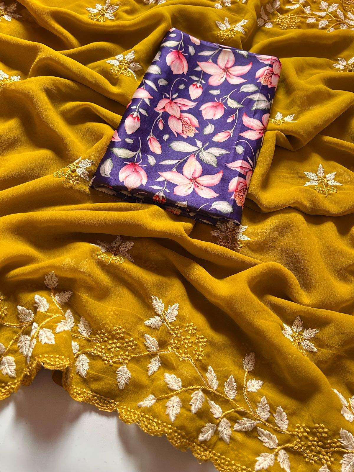 Partywear Georgette Mustard Color Embroidered Border Work Fancy Designer Saree With Blouse