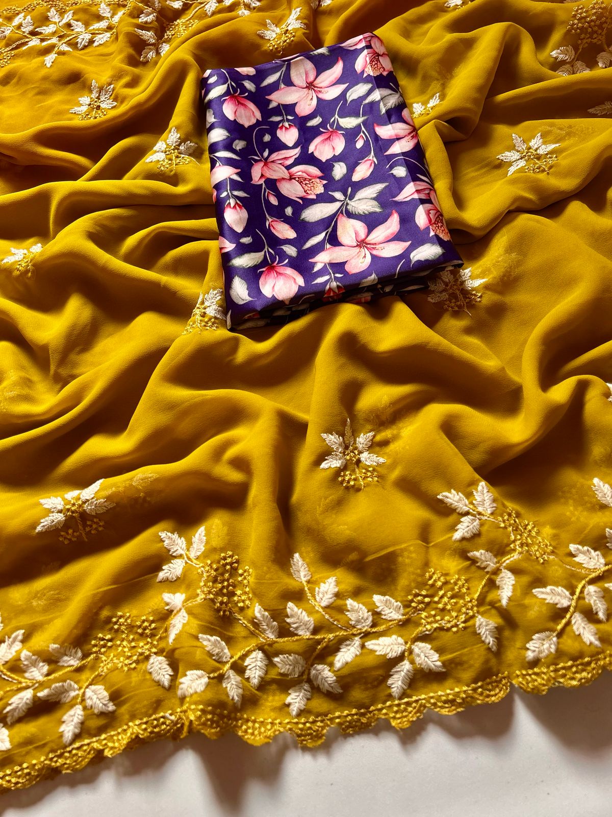 Partywear Georgette Mustard Color Embroidered Border Work Fancy Designer Saree With Blouse