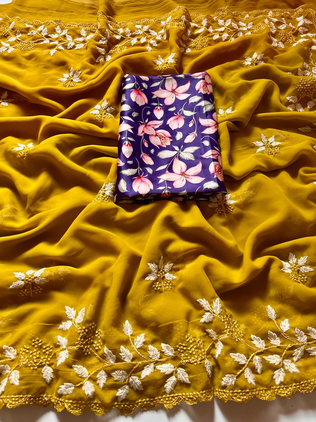 Partywear Georgette Mustard Color Embroidered Border Work Fancy Designer Saree With Blouse