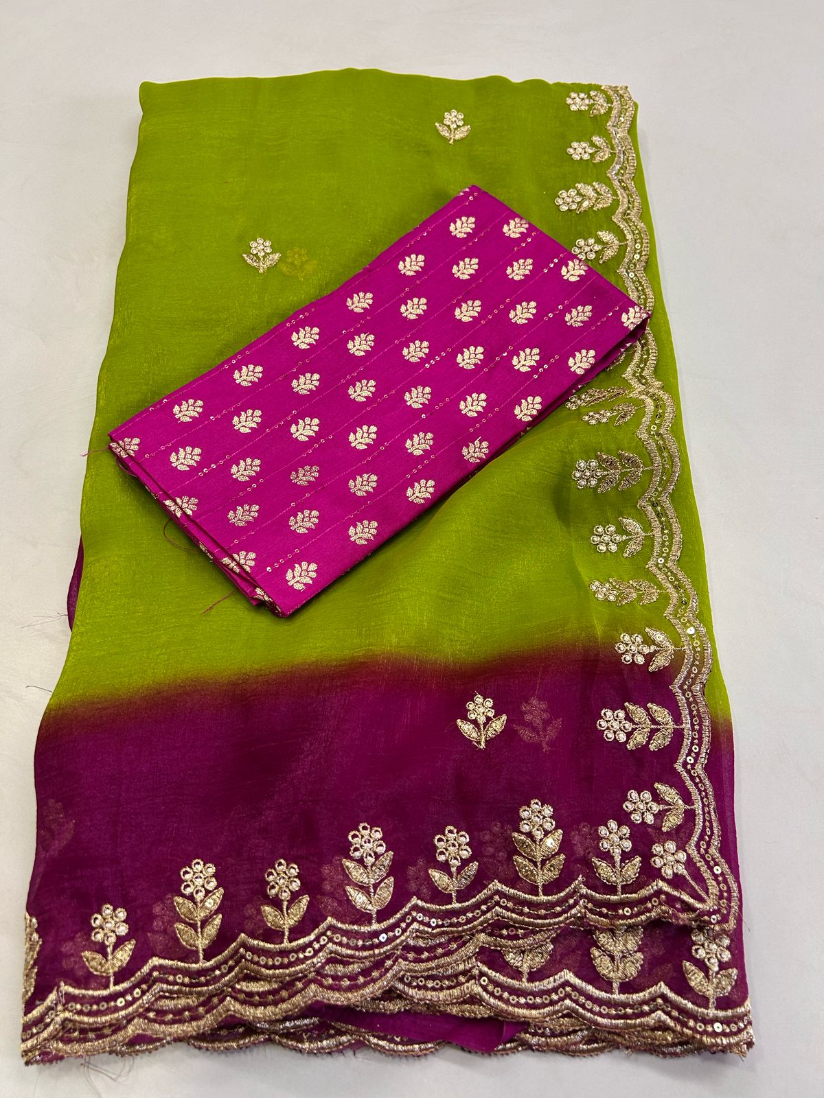 Beutiful Rani n Perrot Color Crunchy Crush Silk Emboridery n Sequence Work Partywear Fancy Designer Saree