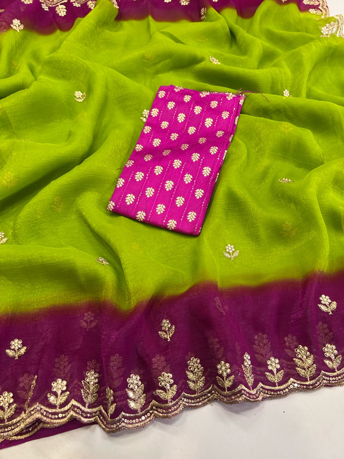 Beutiful Rani n Perrot Color Crunchy Crush Silk Emboridery n Sequence Work Partywear Fancy Designer Saree