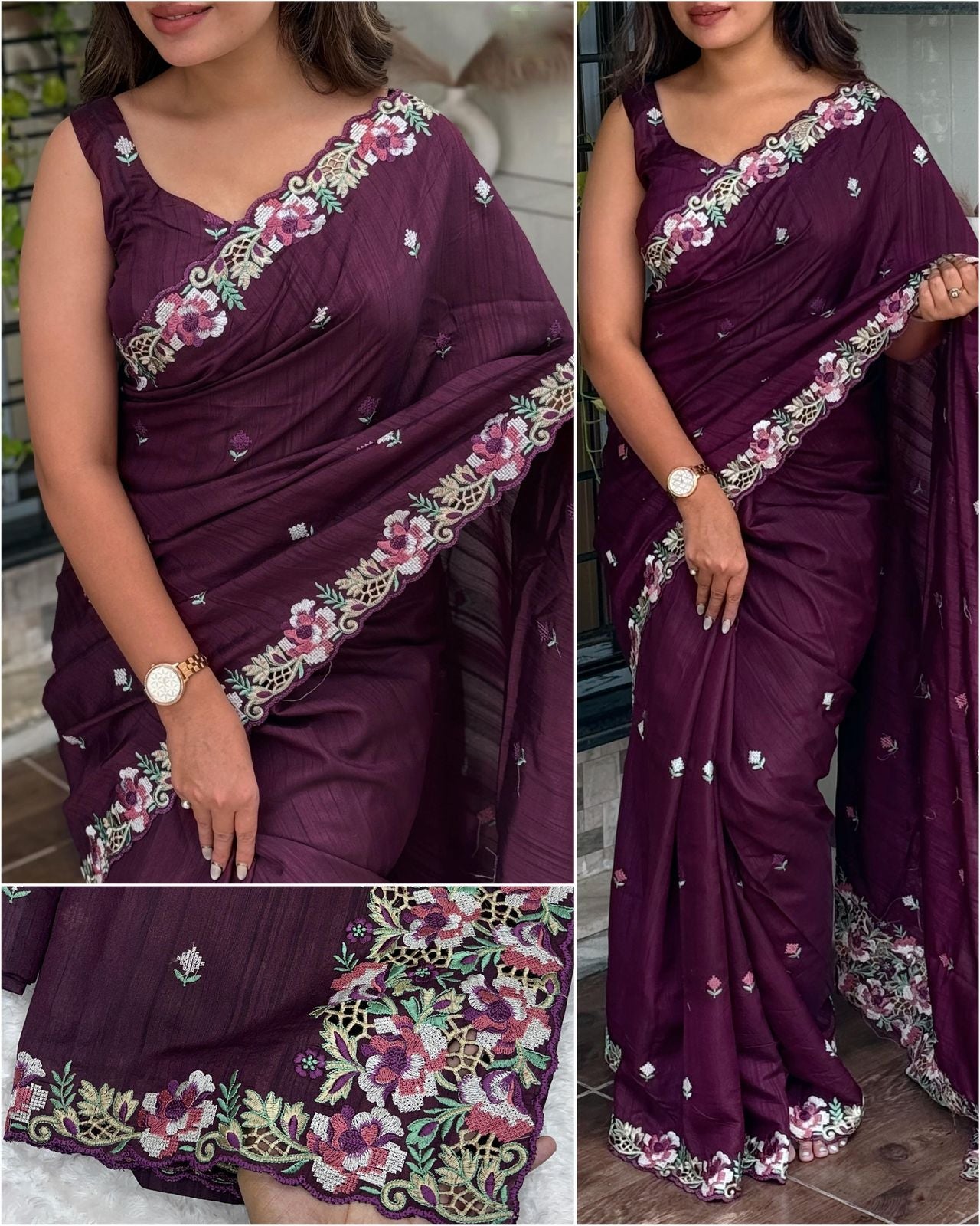 New Wine Color Slub Silk Embrodiery n Cut Work Fancy Designer Wedding Wear Saree