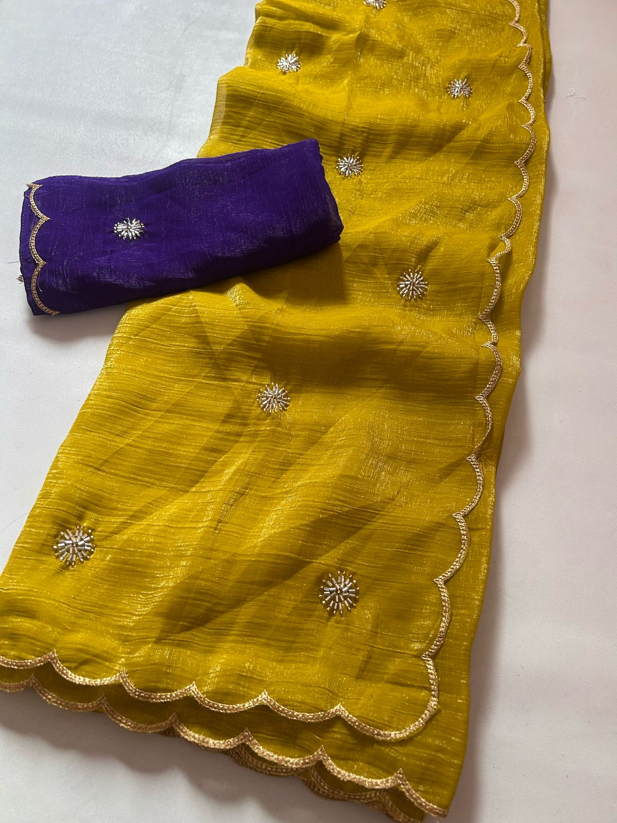 Partywear Mustard Color Chiffon Crush Silk Handwork n Beautiful Cut Work Fancy Designer Saree With Blouse