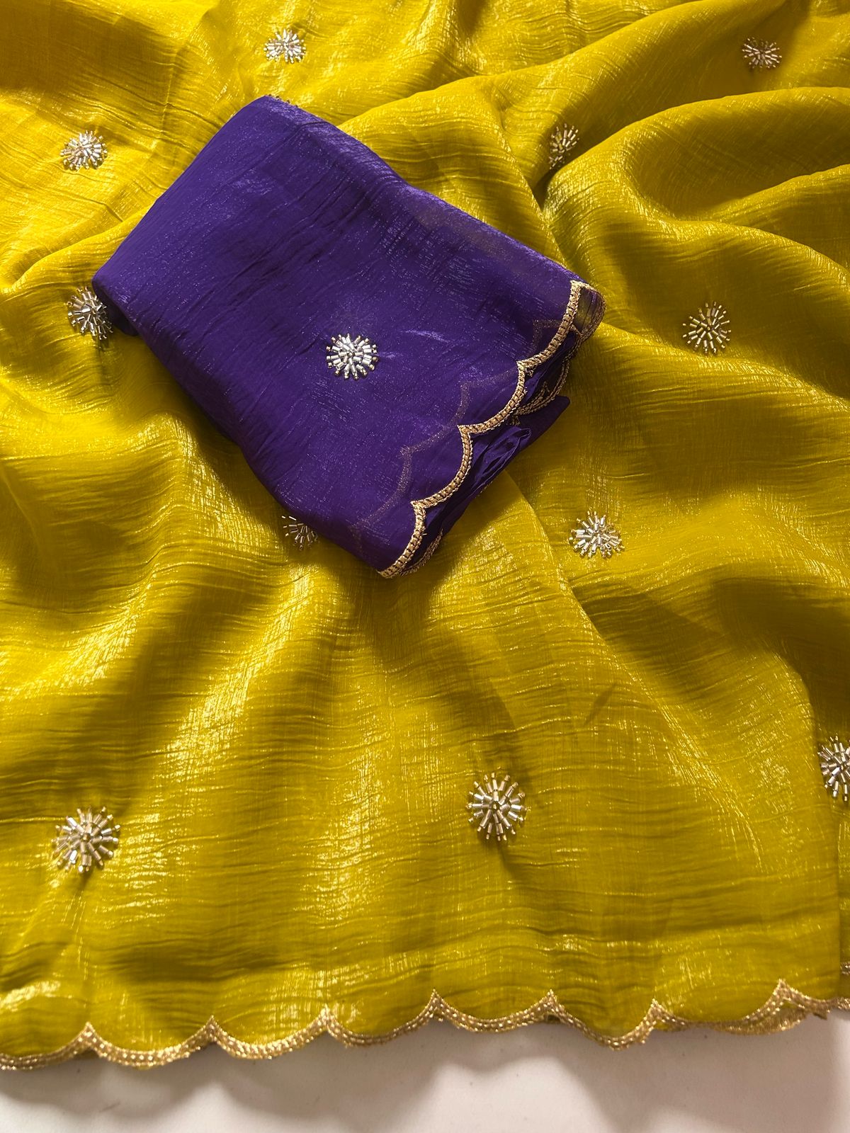 Partywear Mustard Color Chiffon Crush Silk Handwork n Beautiful Cut Work Fancy Designer Saree With Blouse