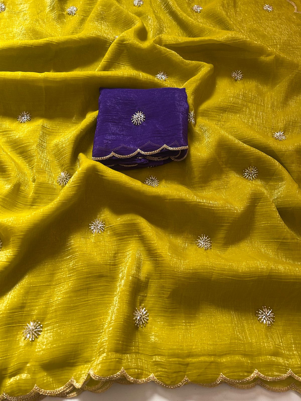 Partywear Mustard Color Chiffon Crush Silk Handwork n Beautiful Cut Work Fancy Designer Saree With Blouse