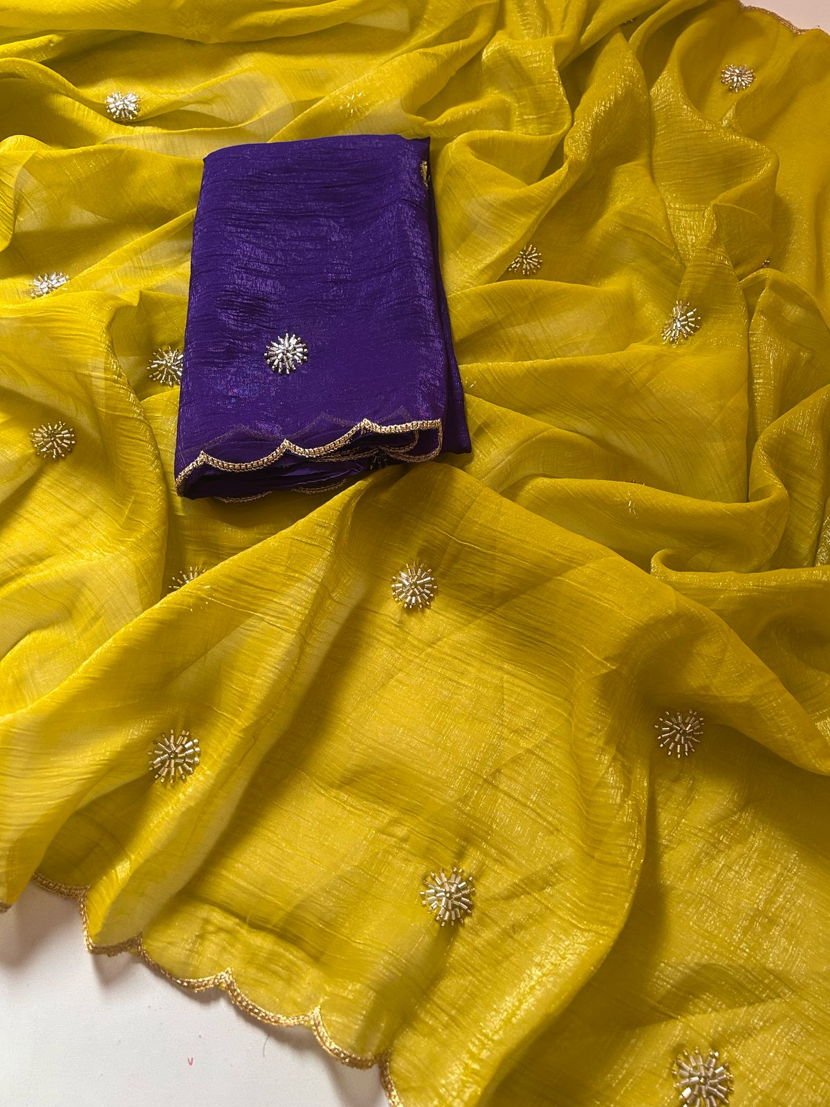 Partywear Mustard Color Chiffon Crush Silk Handwork n Beautiful Cut Work Fancy Designer Saree With Blouse