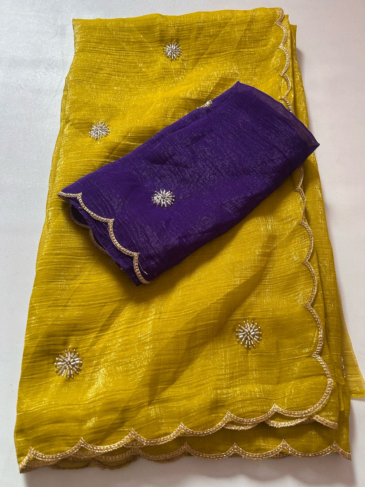 Partywear Mustard Color Chiffon Crush Silk Handwork n Beautiful Cut Work Fancy Designer Saree With Blouse