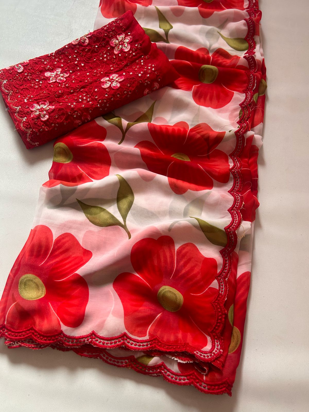 New Wedding Wear Red n White Color Soft Georgette Print N Arco Border Work Fancy Designer Saree