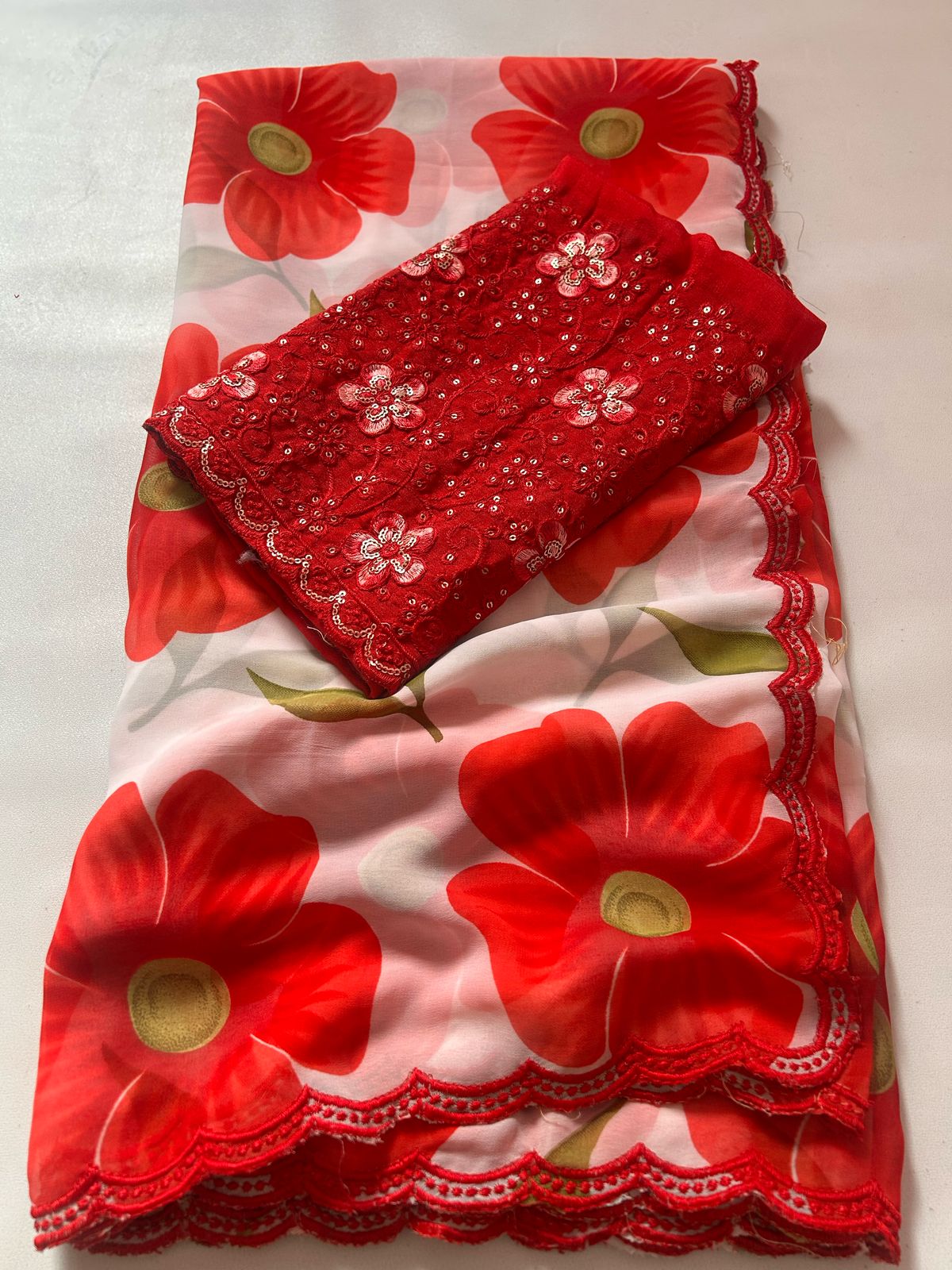 New Wedding Wear Red n White Color Soft Georgette Print N Arco Border Work Fancy Designer Saree